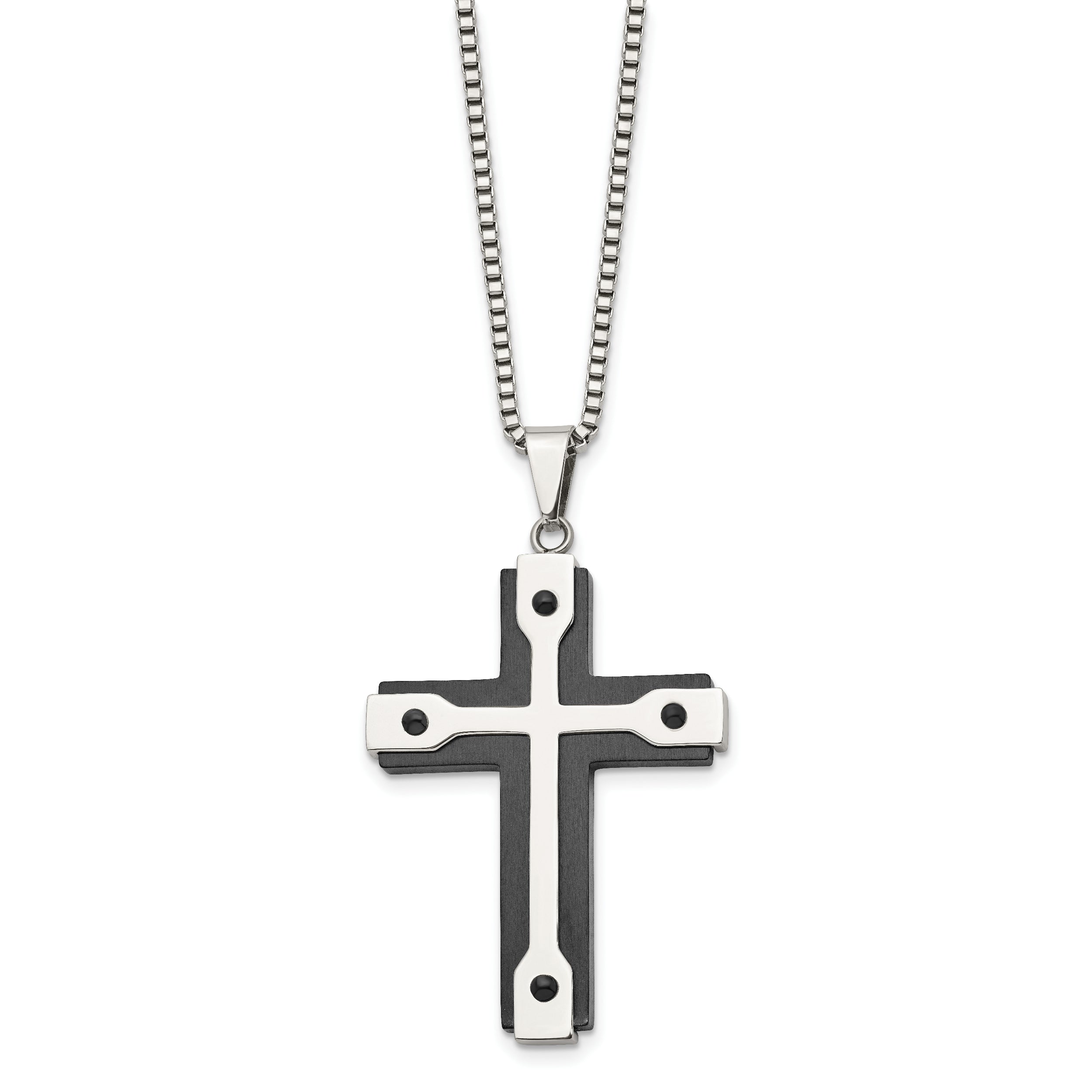 Chisel Stainless Steel Brushed and Polished Black IP-plated Cross Pendant on a 22 inch Box Chain Necklace