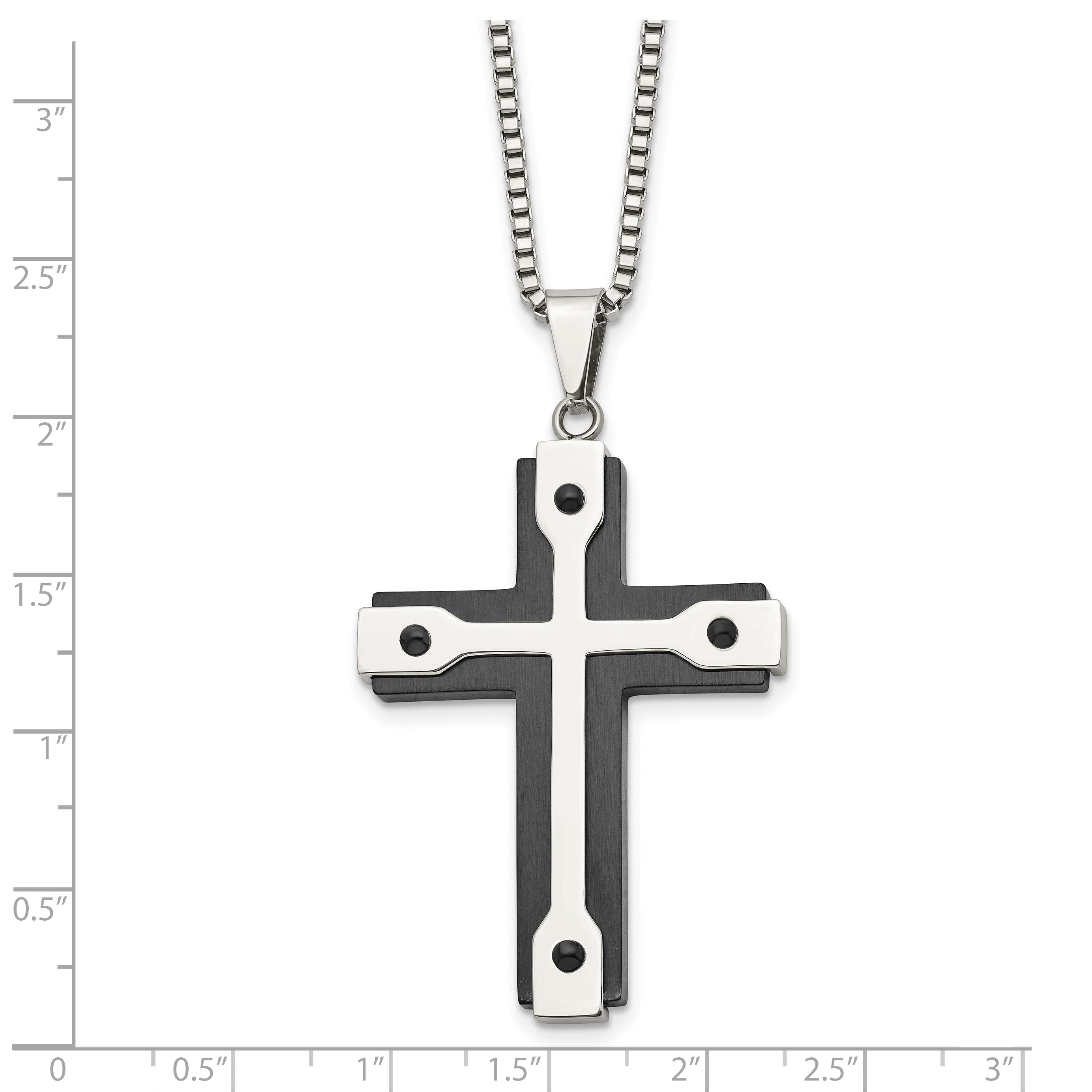 Chisel Stainless Steel Brushed and Polished Black IP-plated Cross Pendant on a 22 inch Box Chain Necklace