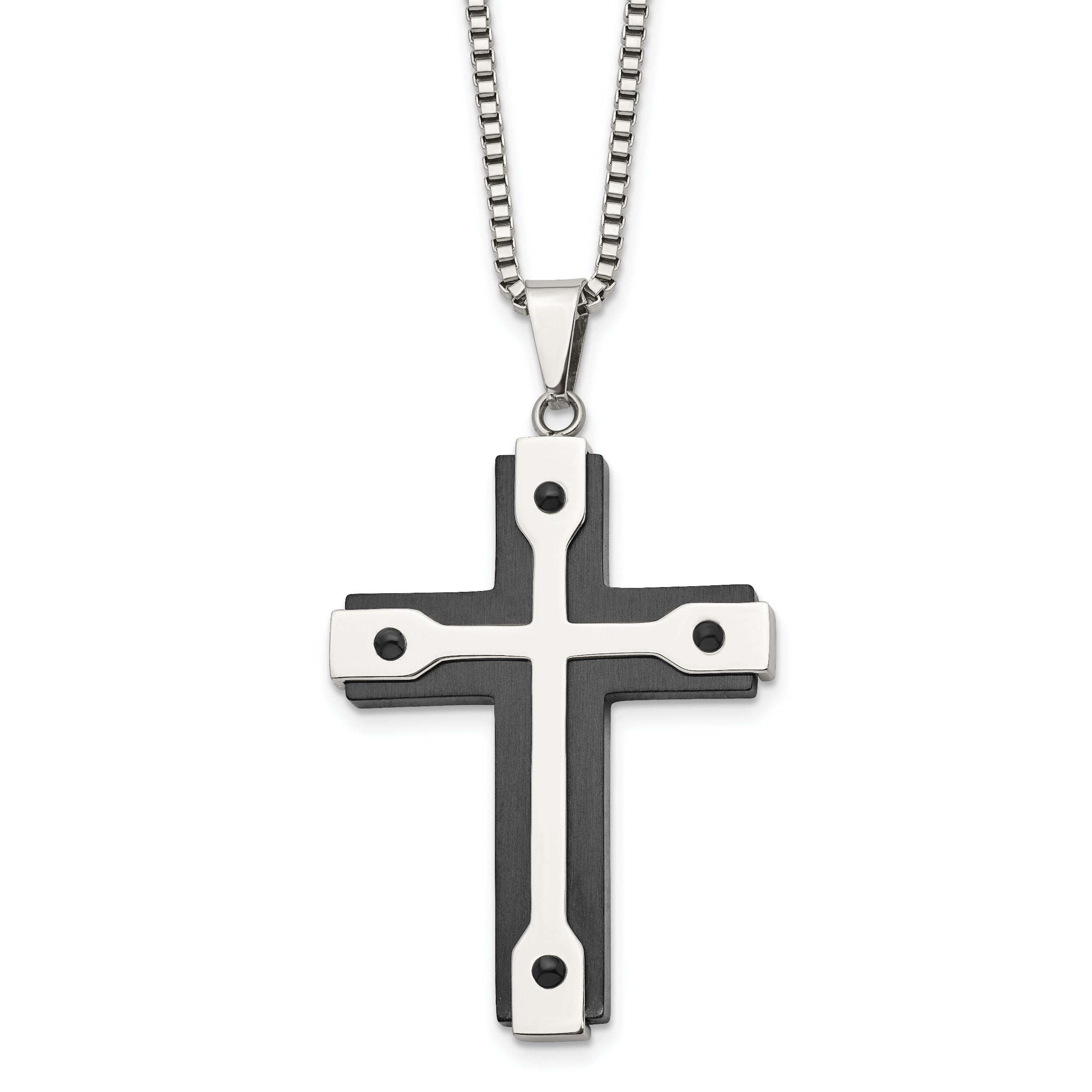 Chisel Stainless Steel Brushed and Polished Black IP-plated Cross Pendant on a 22 inch Box Chain Necklace