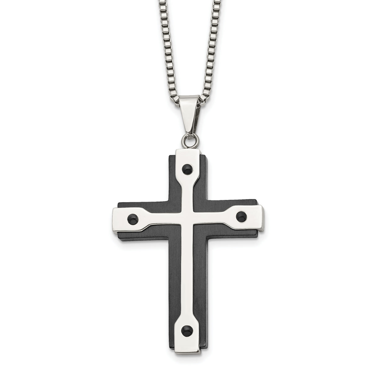 Chisel Stainless Steel Brushed and Polished Black IP-plated Cross Pendant on a 22 inch Box Chain Necklace