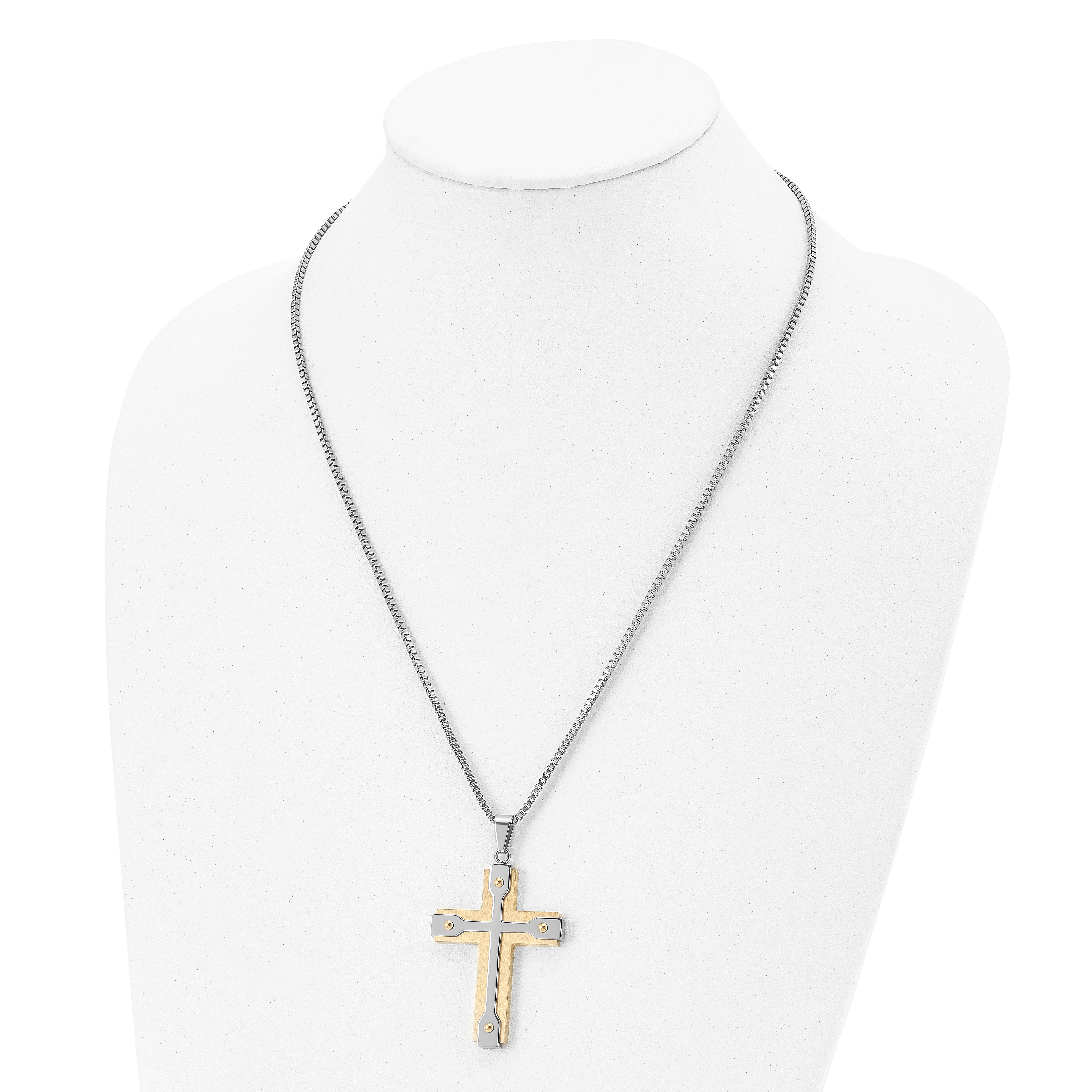 Chisel Stainless Steel Brushed and Polished Yellow IP-plated Cross Pendant on a 22 inch Box Chain Necklace