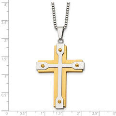 Chisel Stainless Steel Brushed and Polished Yellow IP-plated Cross Pendant on a 22 inch Box Chain Necklace