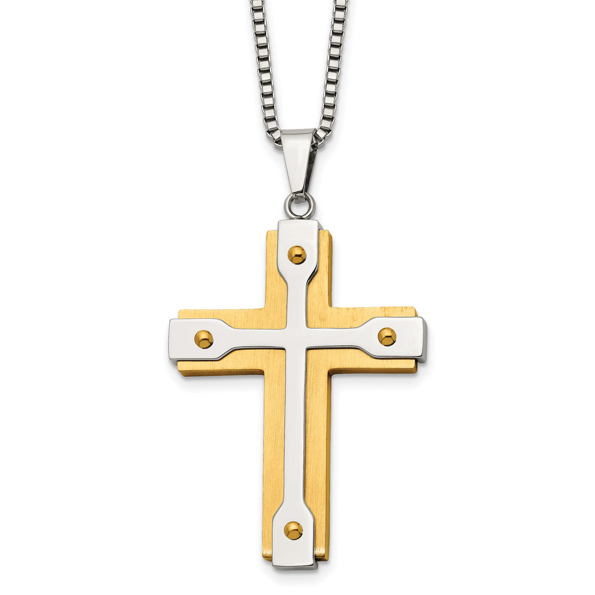 Chisel Stainless Steel Brushed and Polished Yellow IP-plated Cross Pendant on a 22 inch Box Chain Necklace