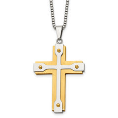 Chisel Stainless Steel Brushed and Polished Yellow IP-plated Cross Pendant on a 22 inch Box Chain Necklace