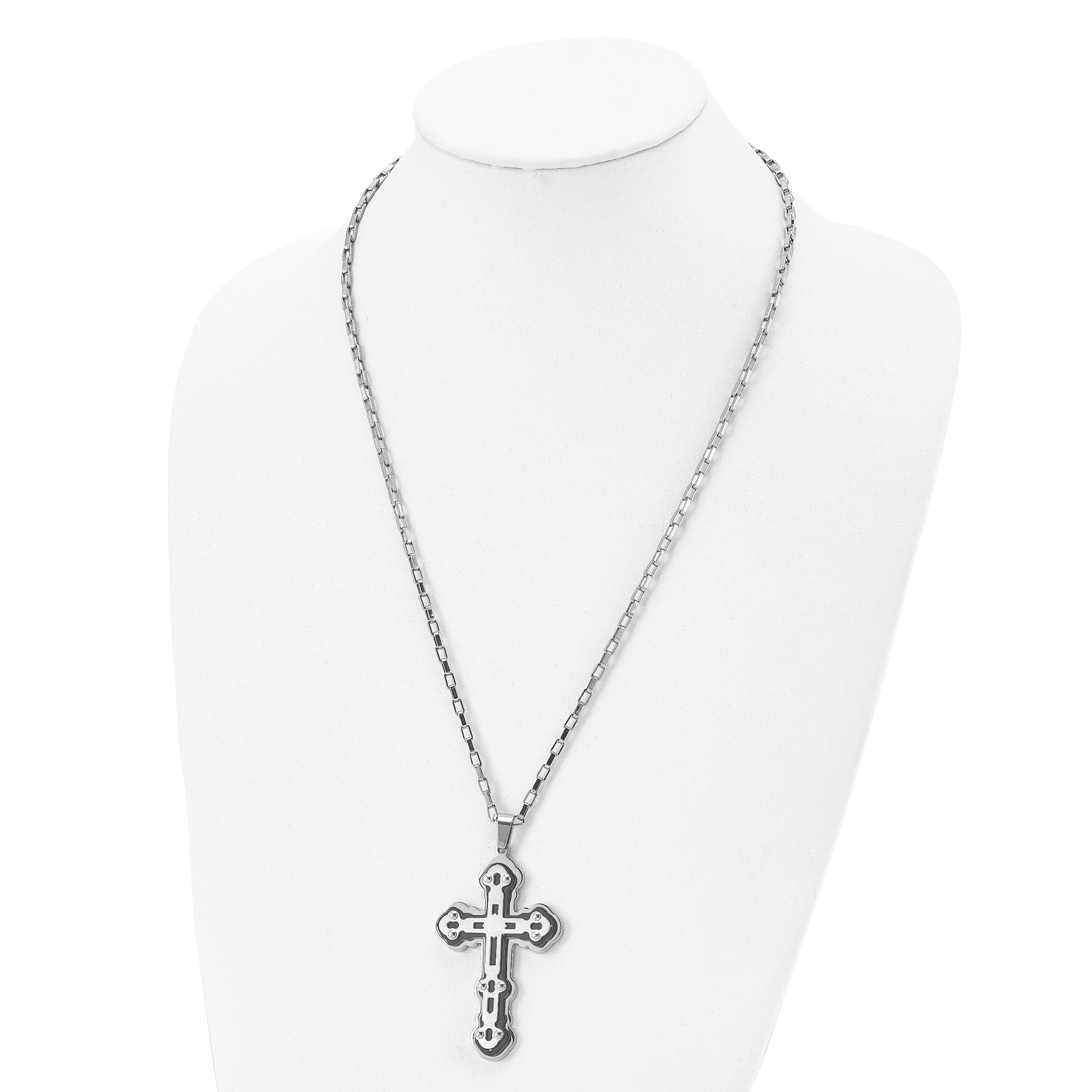 Stainless Steel Brushed and Polished Black IP-plated Cross 24in Necklace