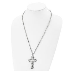 Stainless Steel Brushed and Polished Black IP-plated Cross 24in Necklace