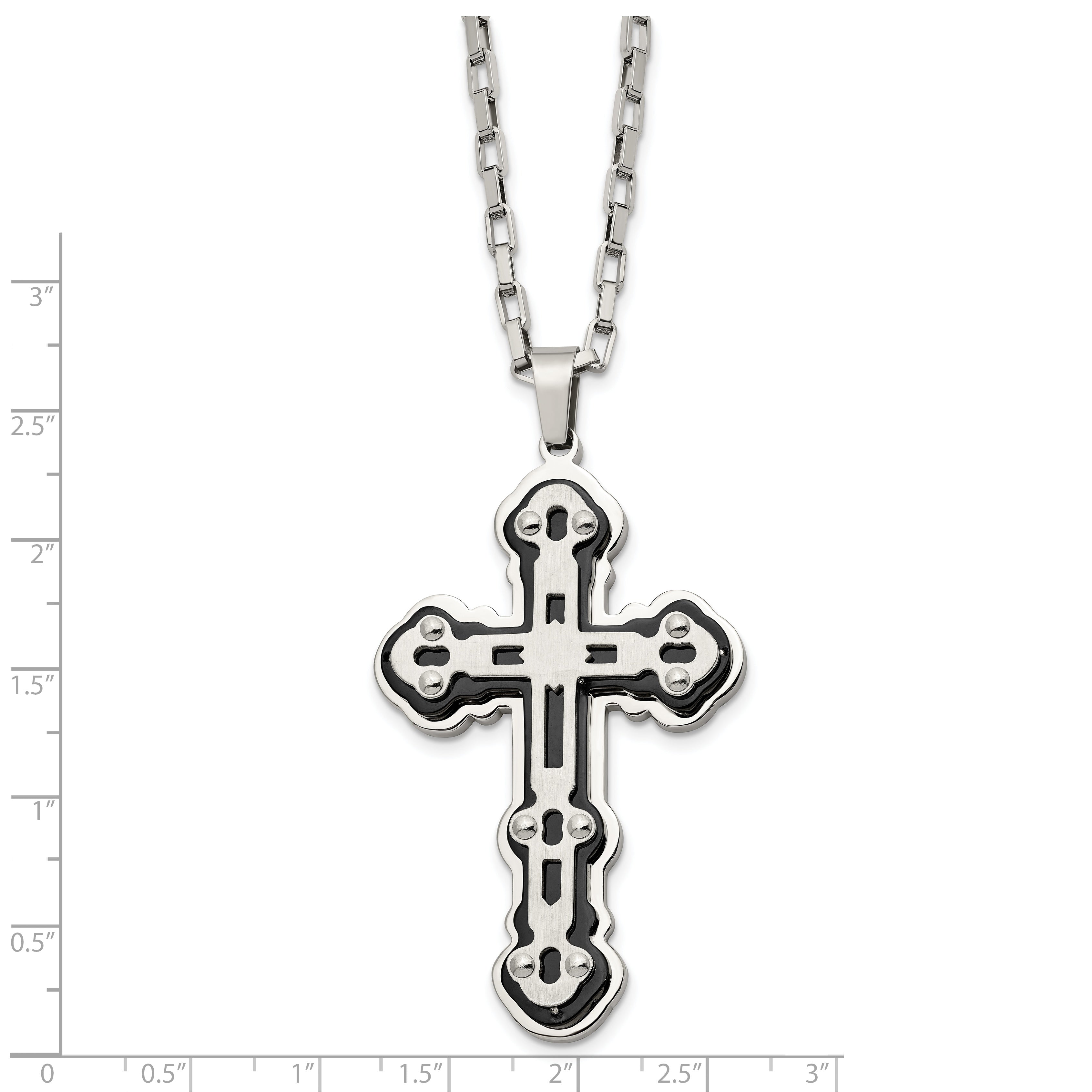 Stainless Steel Brushed and Polished Black IP-plated Cross 24in Necklace