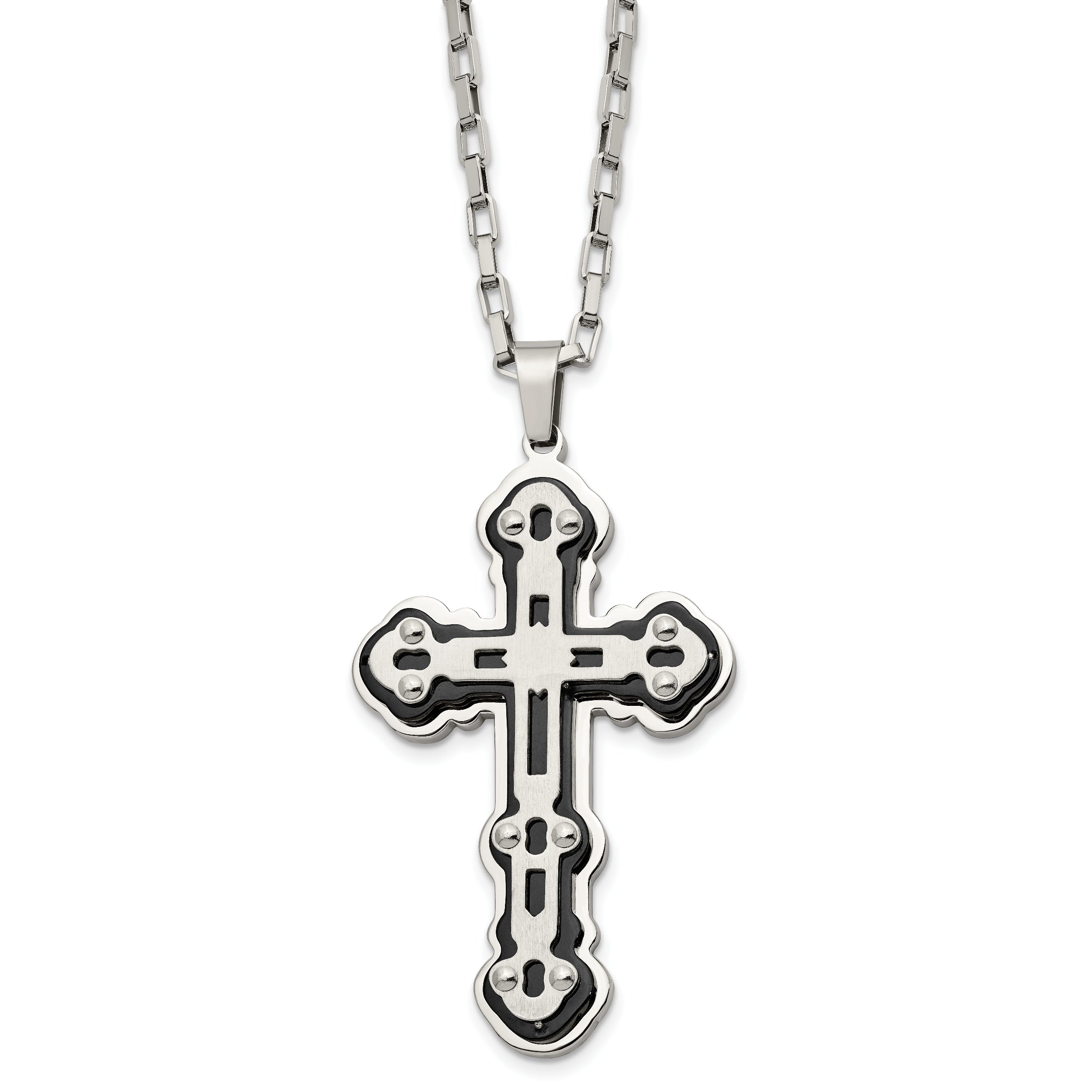 Stainless Steel Brushed and Polished Black IP-plated Cross 24in Necklace