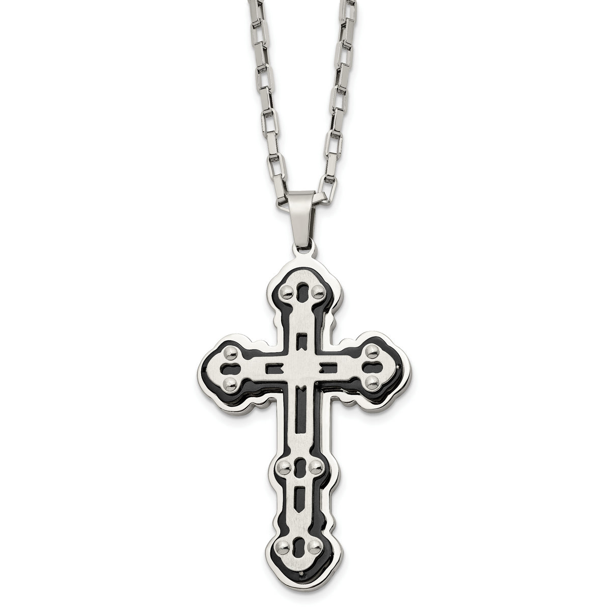 Stainless Steel Brushed and Polished Black IP-plated Cross 24in Necklace