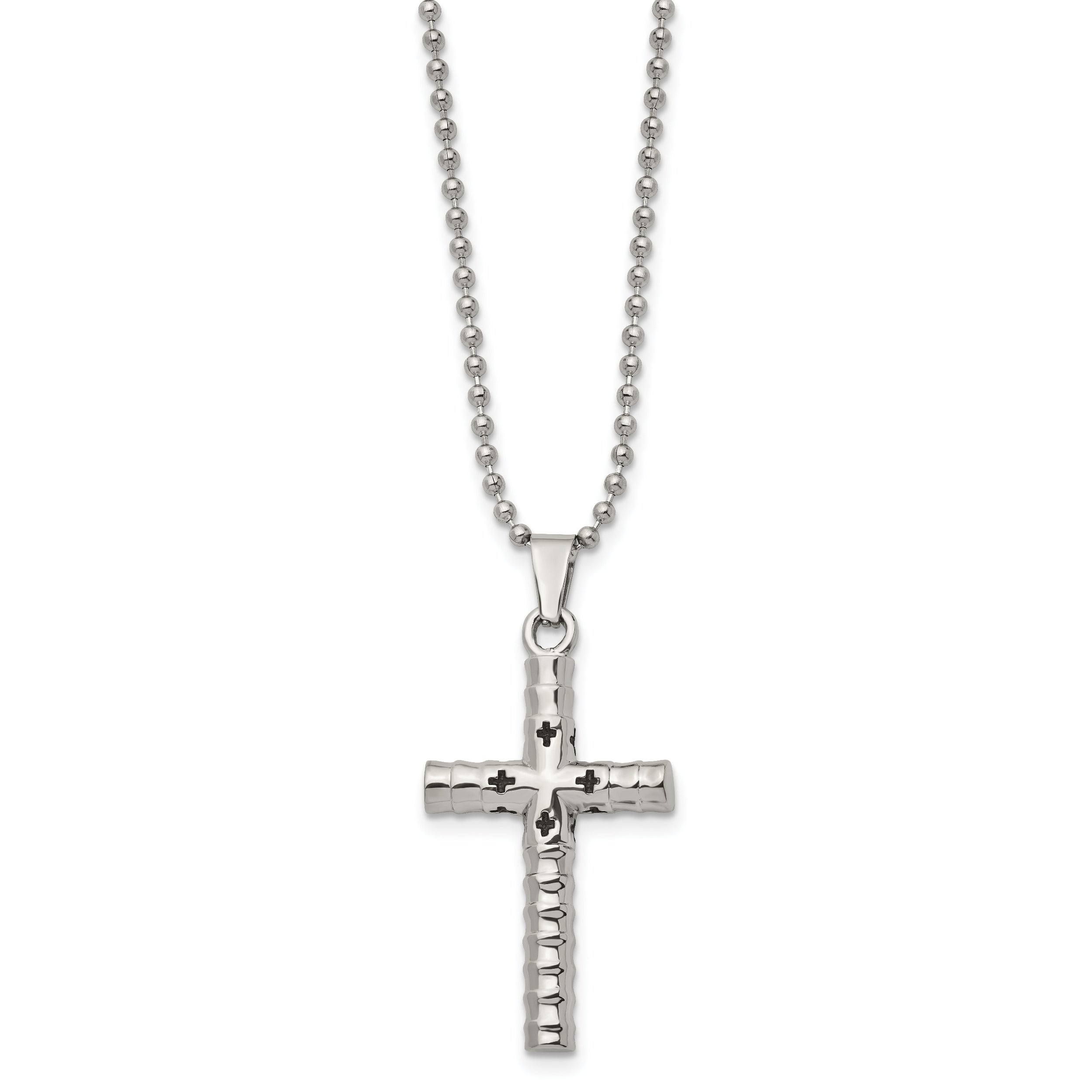 Stainless Steel Polished w/Black Enamel Cross 24in Necklace