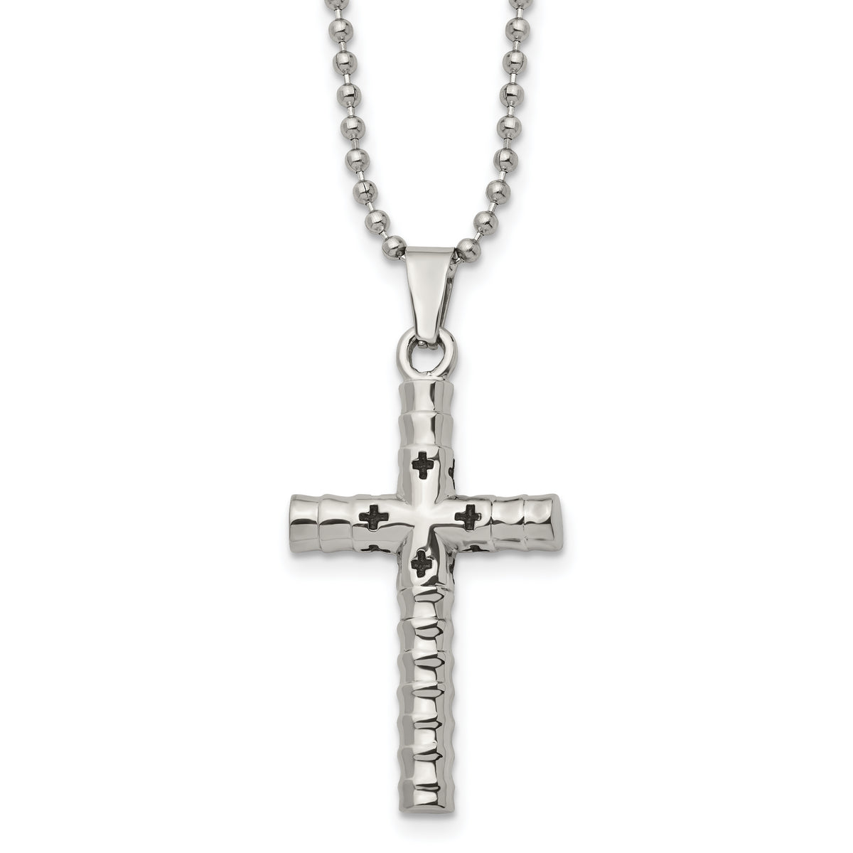 Stainless Steel Polished w/Black Enamel Cross 24in Necklace