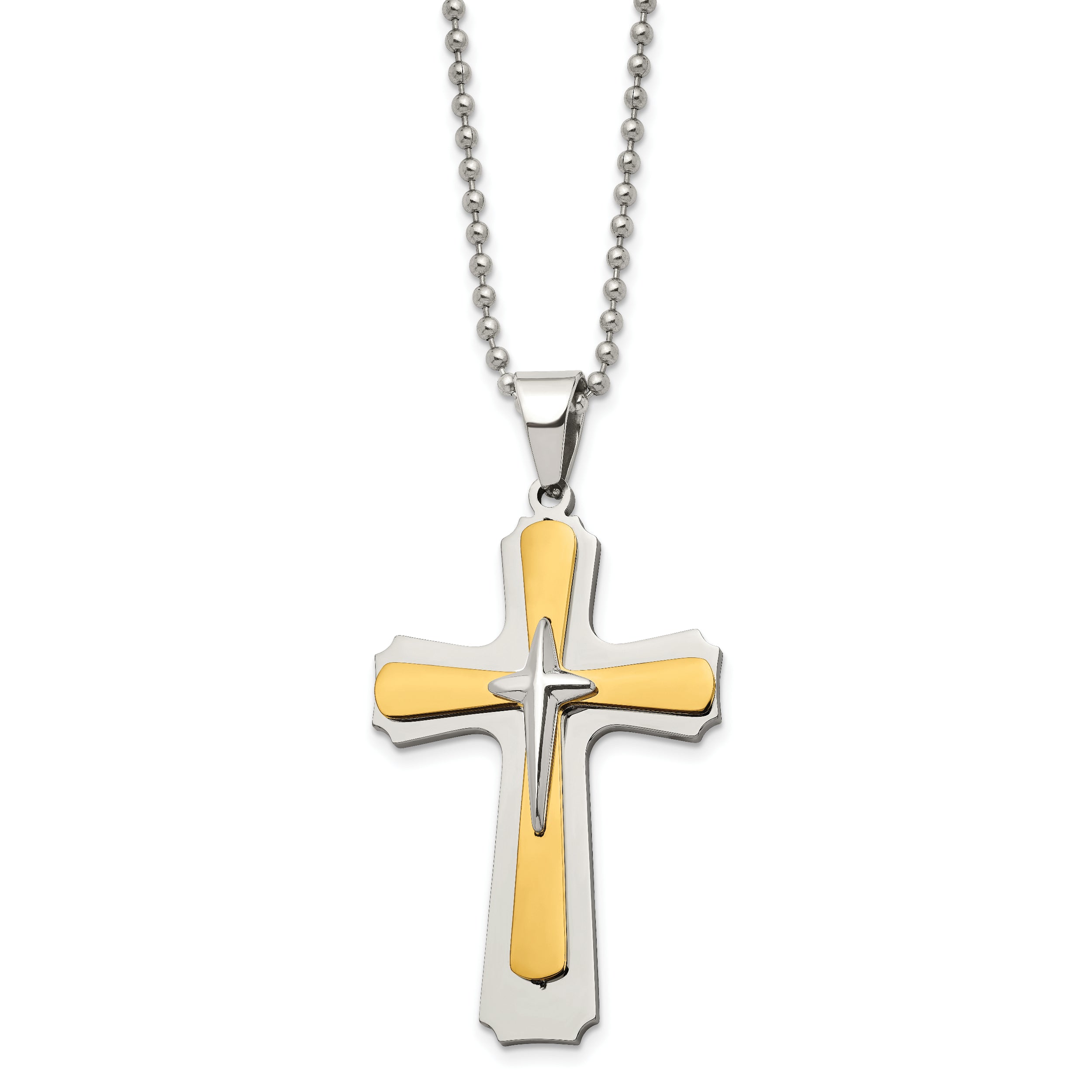 Chisel Stainless Steel Polished Yellow IP-plated Cross Pendant on a 22 inch Ball Chain Necklace