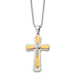 Chisel Stainless Steel Polished Yellow IP-plated Cross Pendant on a 22 inch Ball Chain Necklace