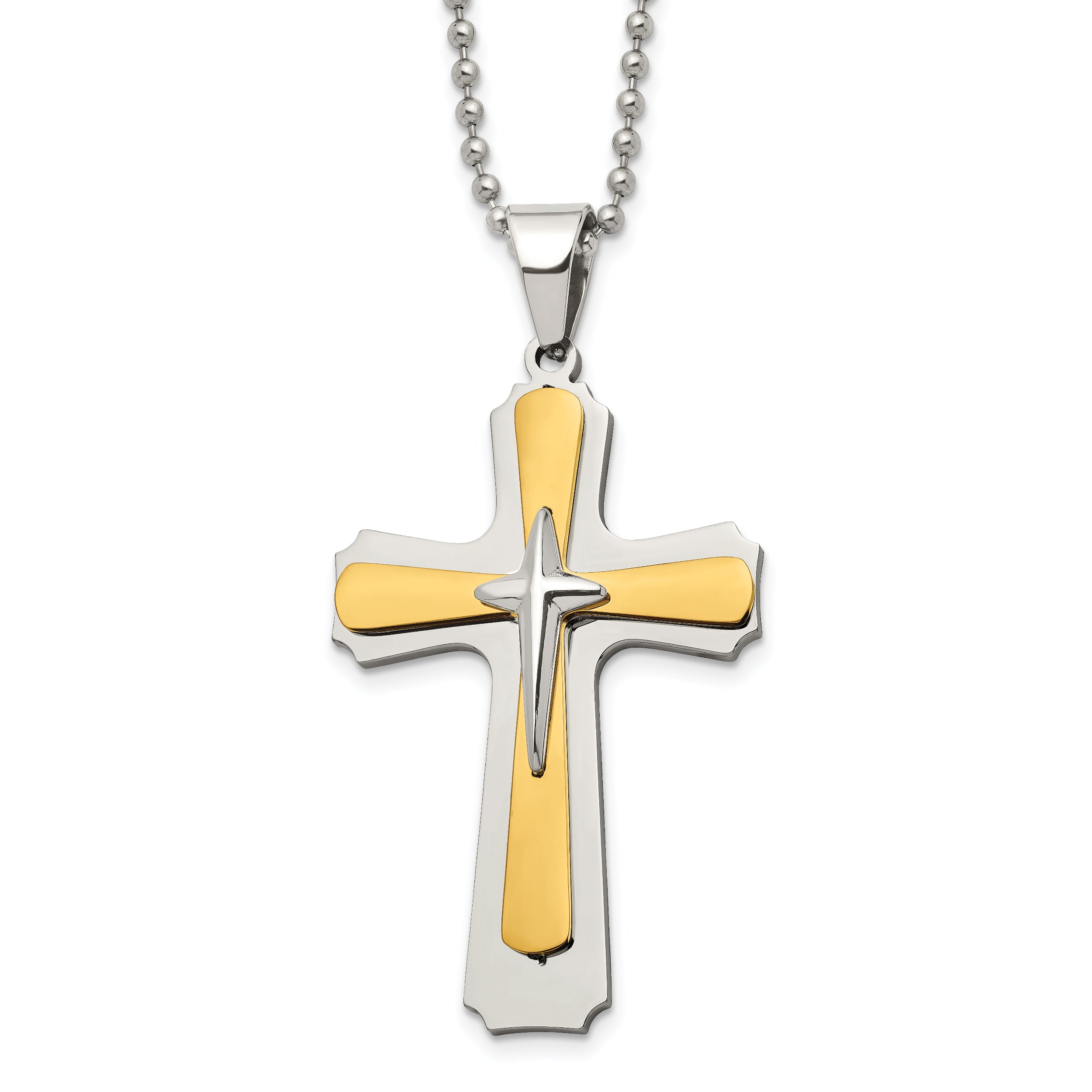 Chisel Stainless Steel Polished Yellow IP-plated Cross Pendant on a 22 inch Ball Chain Necklace