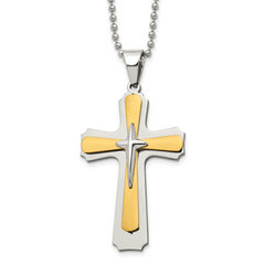 Chisel Stainless Steel Polished Yellow IP-plated Cross Pendant on a 22 inch Ball Chain Necklace