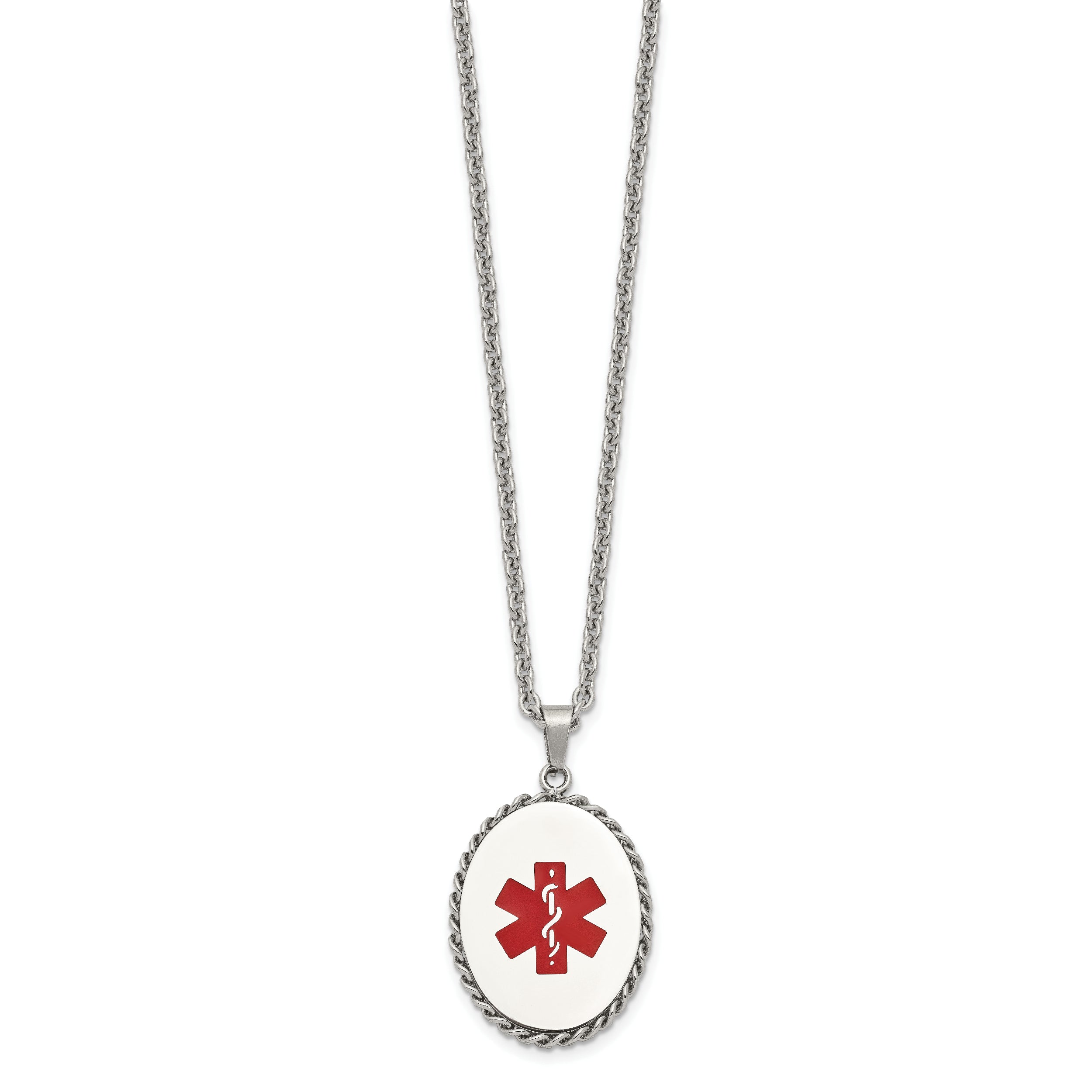 Chisel Stainless Steel Polished with Red Enamel Oval Medical ID Pendant on a 20 inch Cable Chain Necklace