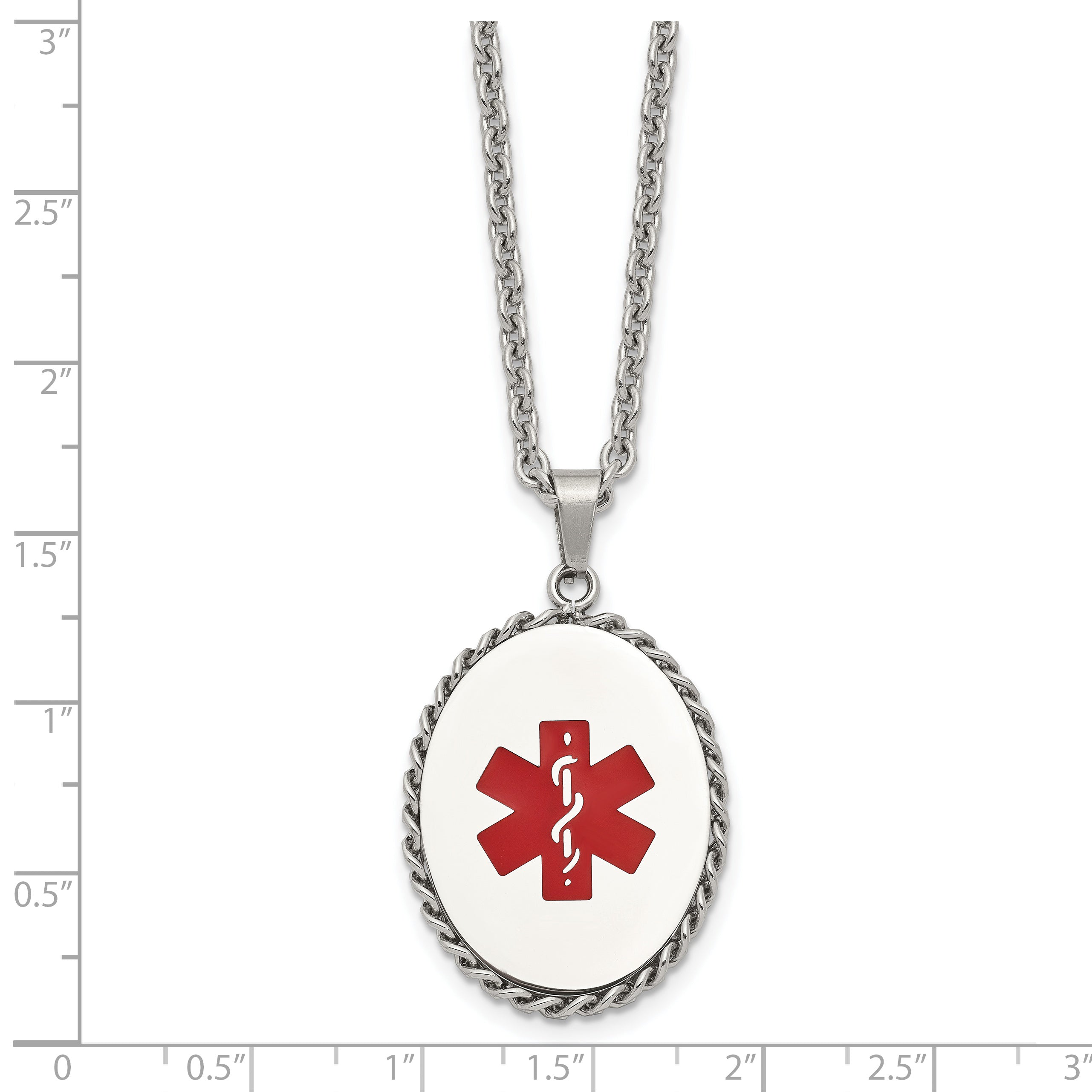 Chisel Stainless Steel Polished with Red Enamel Oval Medical ID Pendant on a 20 inch Cable Chain Necklace