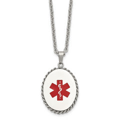 Chisel Stainless Steel Polished with Red Enamel Oval Medical ID Pendant on a 20 inch Cable Chain Necklace