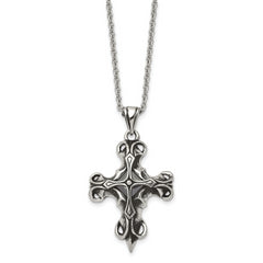 Stainless Steel Antiqued and Polished w/Black Glass Cross 22in Necklace