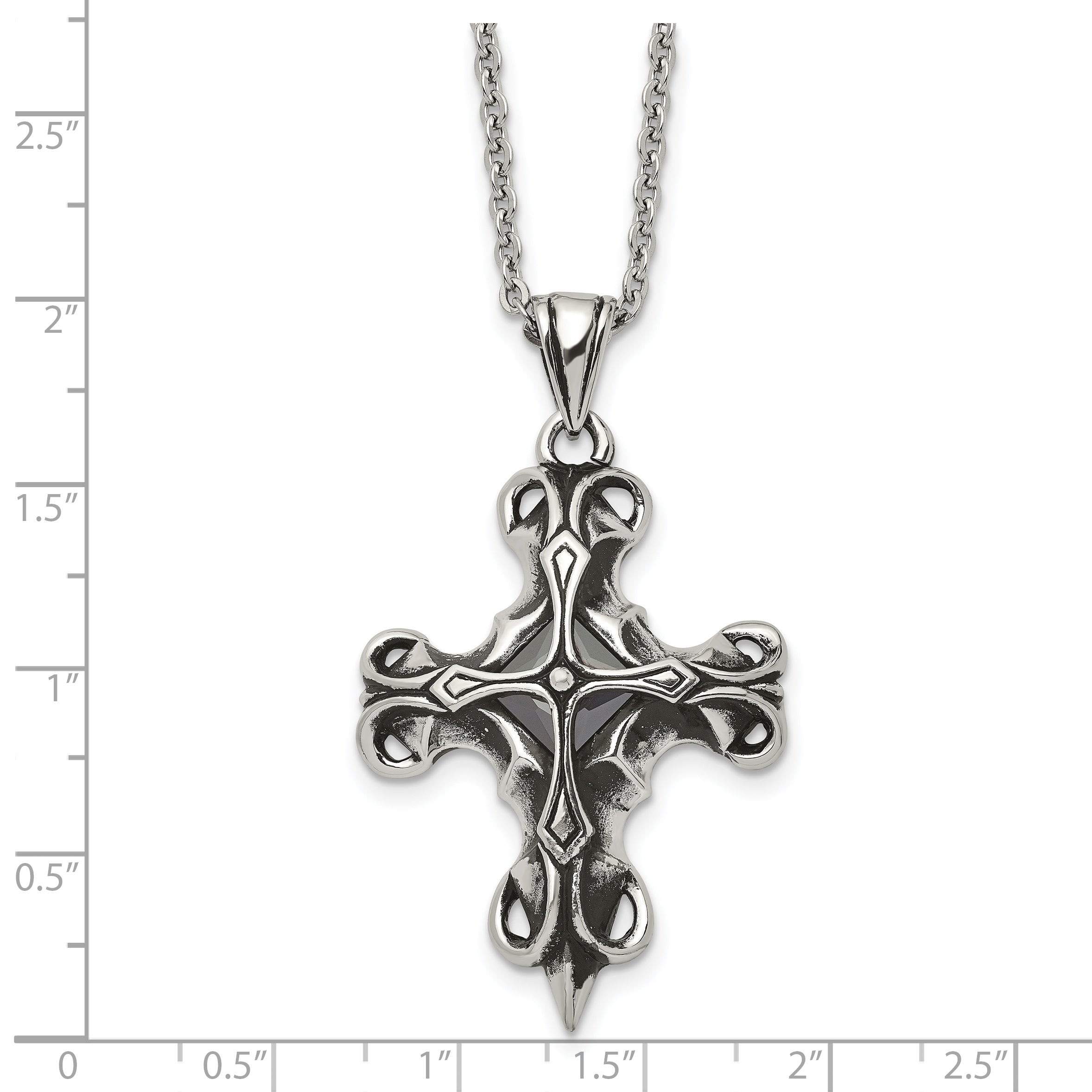 Stainless Steel Antiqued and Polished w/Black Glass Cross 22in Necklace