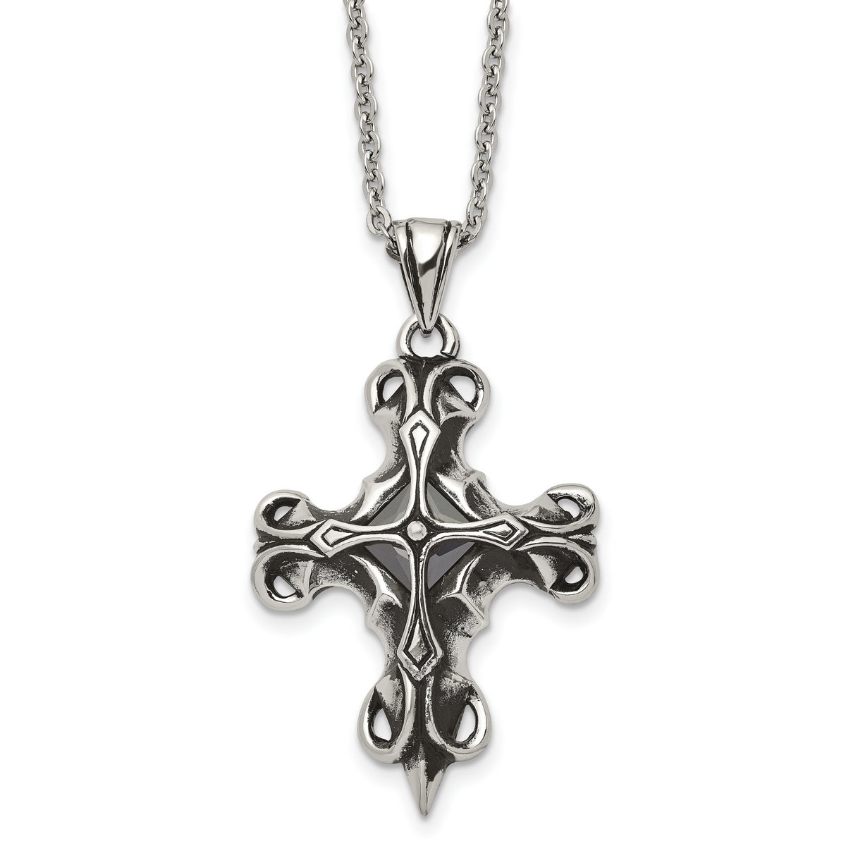 Stainless Steel Antiqued and Polished w/Black Glass Cross 22in Necklace