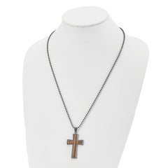 Stainless Steel Brushed GunMetal IP-plated w/Wood Inlay Cross Necklace