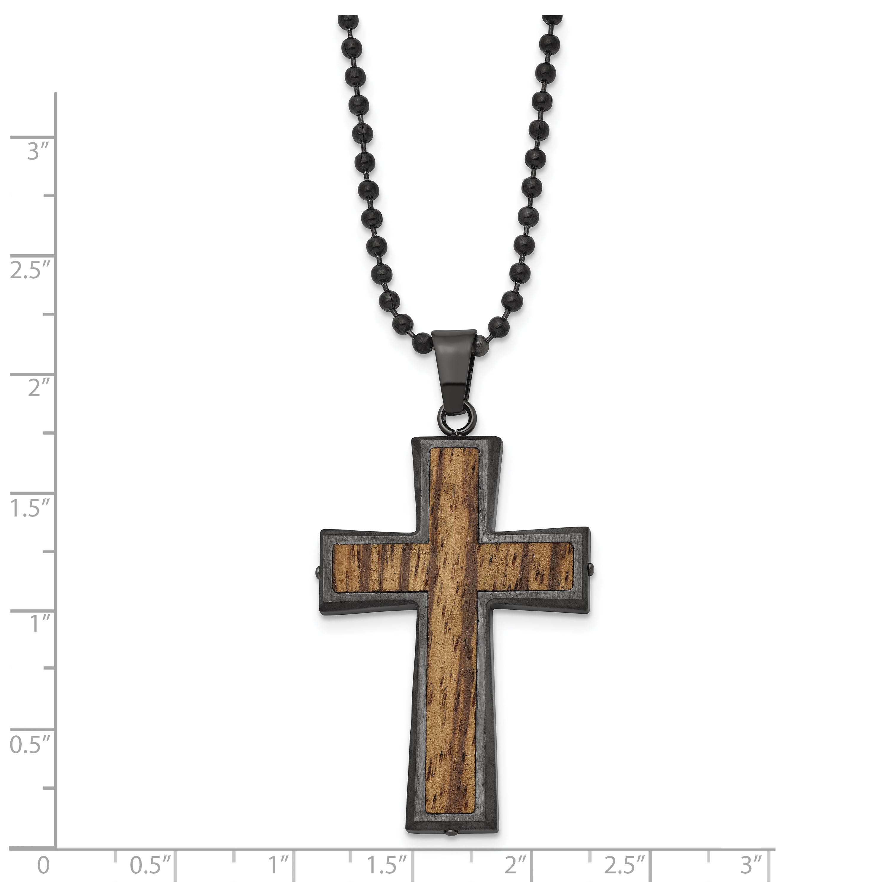 Stainless Steel Brushed GunMetal IP-plated w/Wood Inlay Cross Necklace