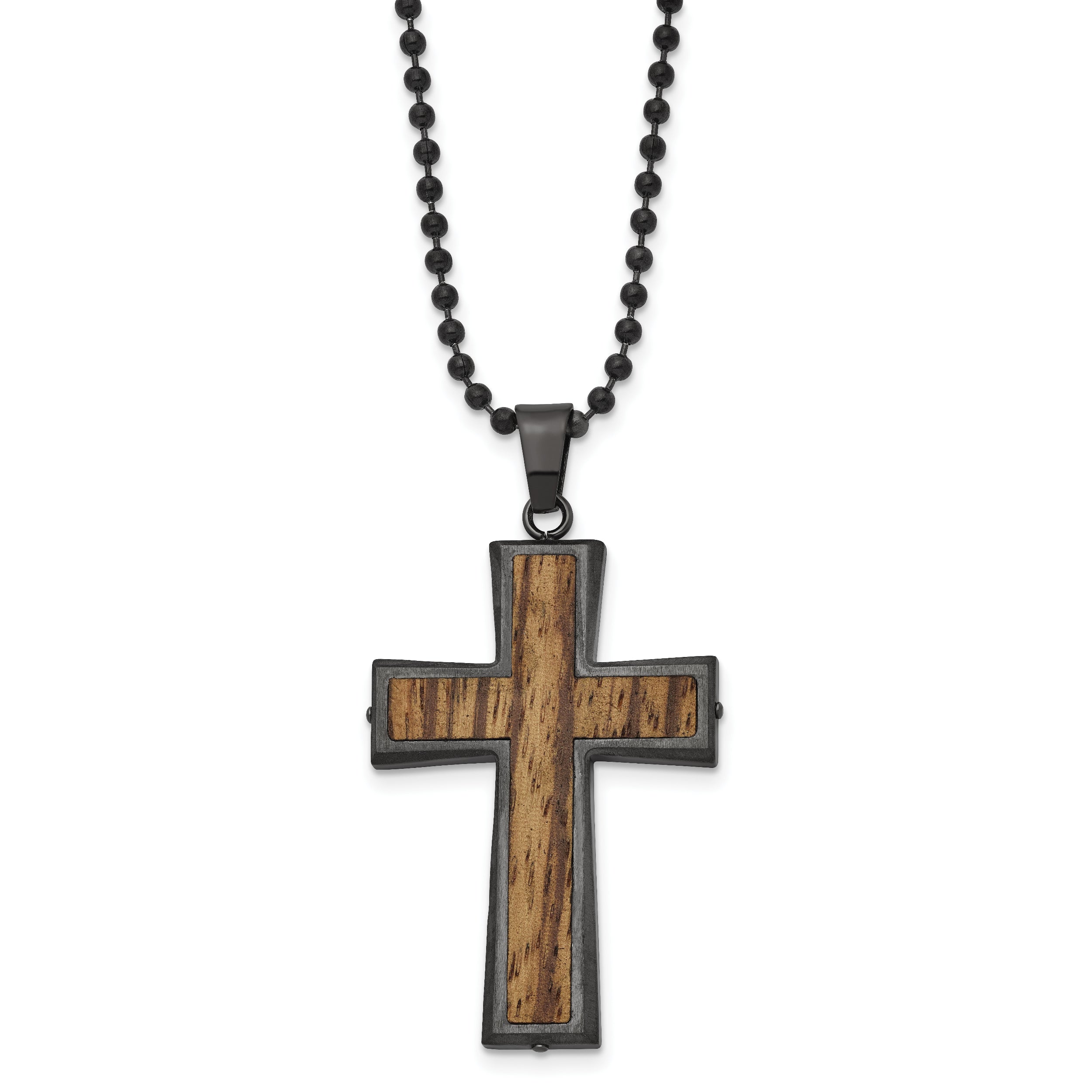 Stainless Steel Brushed GunMetal IP-plated w/Wood Inlay Cross Necklace