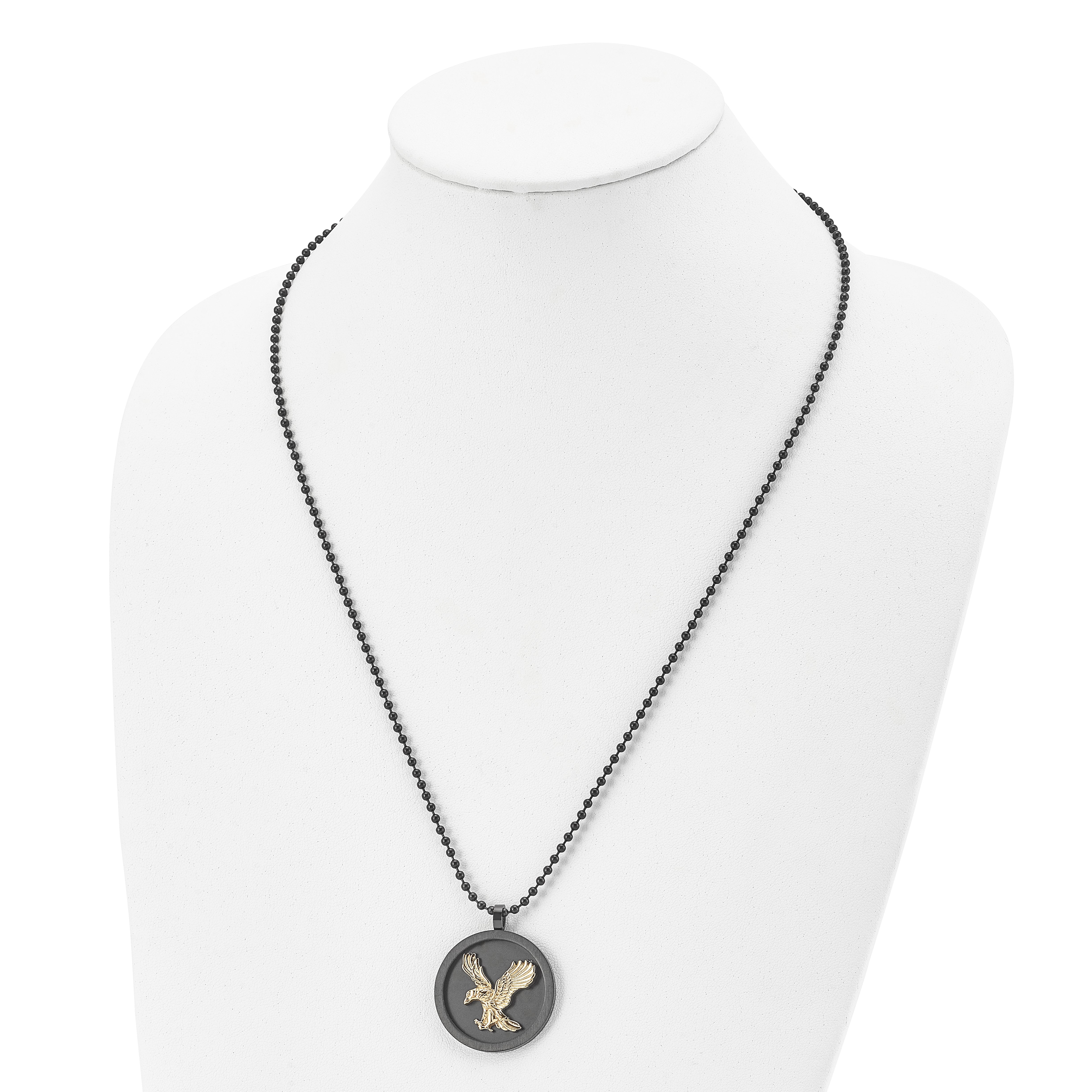 Chisel Stainless Steel Brushed and Polished Black and Yellow IP-plated Eagle Disk on a 24 inch Ball Chain Necklace