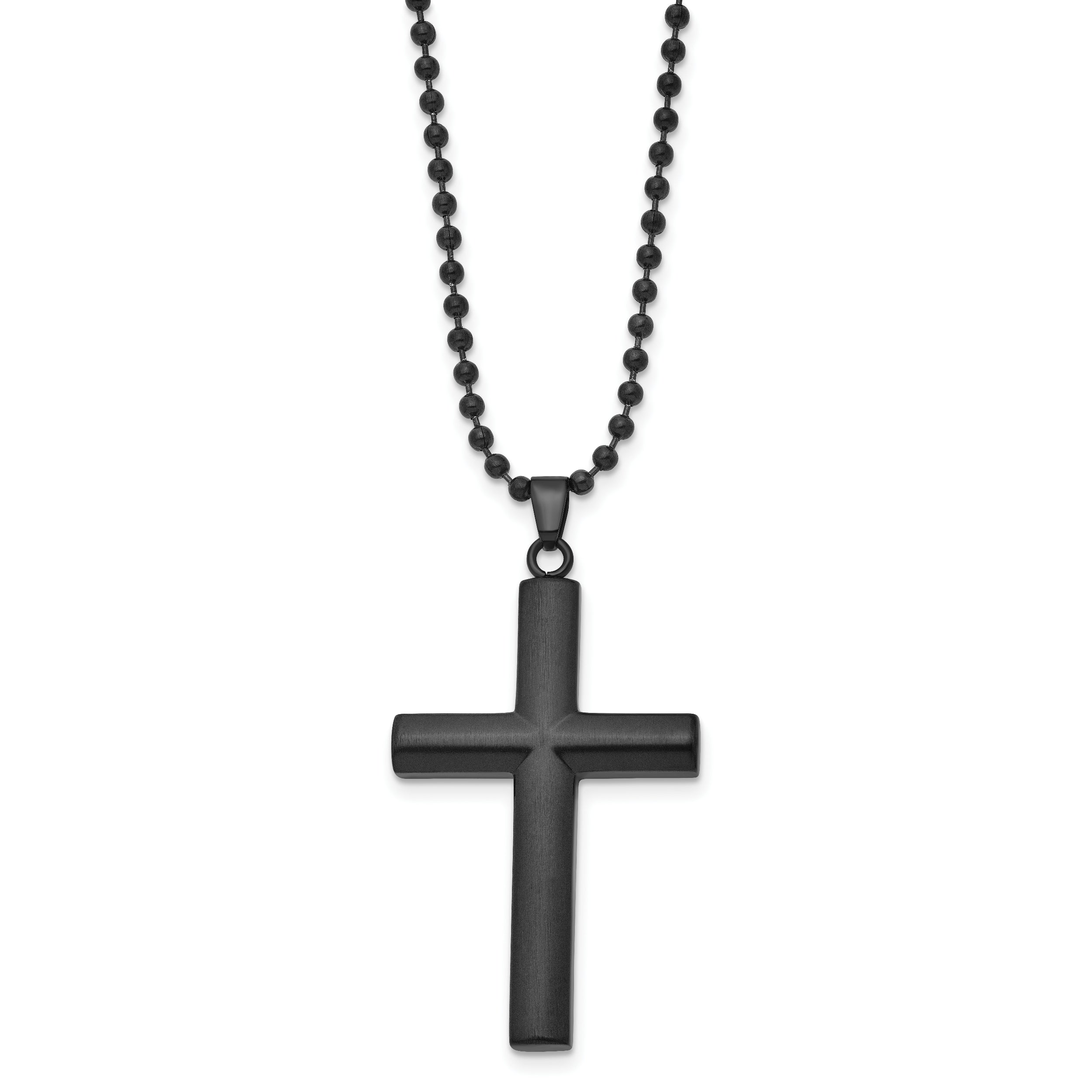 Chisel Stainless Steel Brushed and Polished Black IP-plated Cross Pendant on a 24 inch Ball Chain Necklace