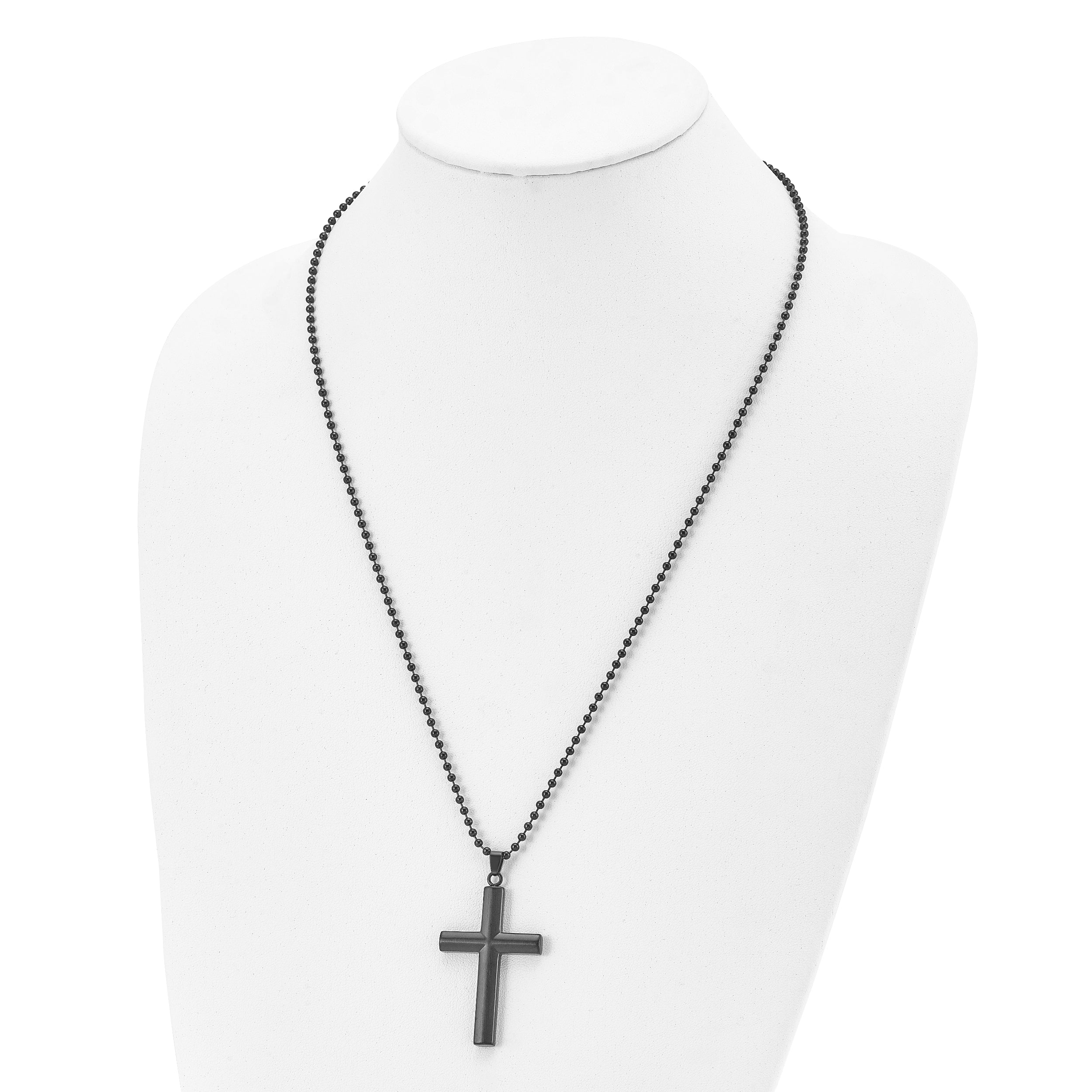 Chisel Stainless Steel Brushed and Polished Black IP-plated Cross Pendant on a 24 inch Ball Chain Necklace