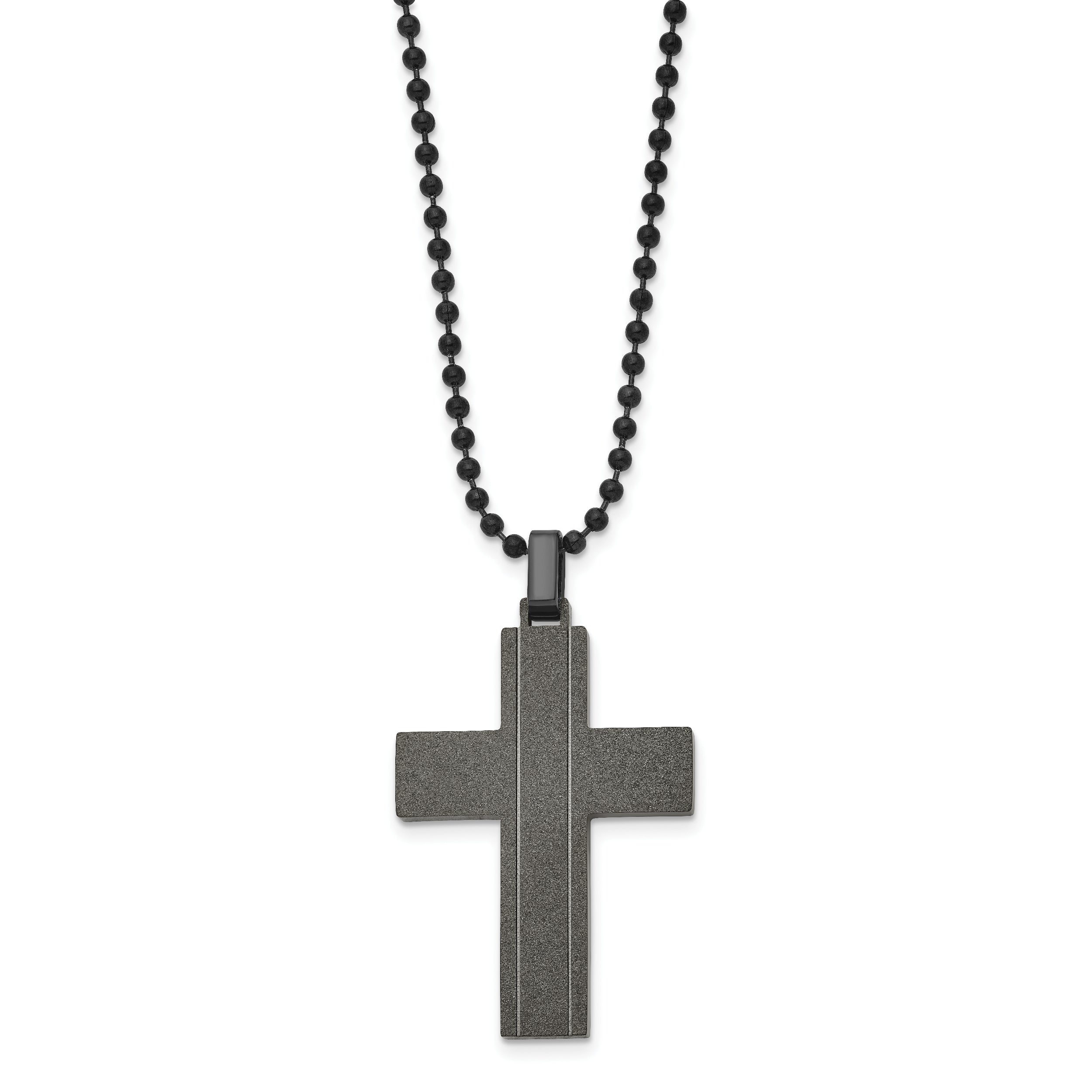 Chisel Stainless Steel Brushed and Polished Black IP-plated Laser cut Cross Pendant on a 22 inch Box Chain Necklace