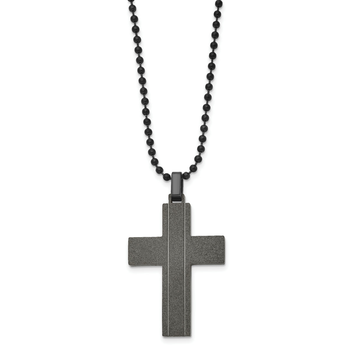 Chisel Stainless Steel Brushed and Polished Black IP-plated Laser cut Cross Pendant on a 22 inch Box Chain Necklace