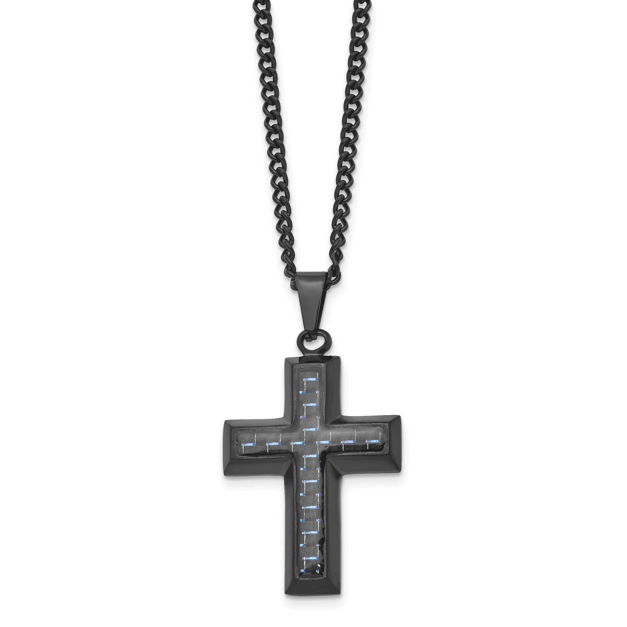 Chisel Stainless Steel Polished Black IP-plated with Blue Carbon Fiber Inlay Cross Pendant on a 24 inch Curb Chain Necklace