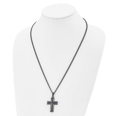 Chisel Stainless Steel Polished Black IP-plated with Blue Carbon Fiber Inlay Cross Pendant on a 24 inch Curb Chain Necklace