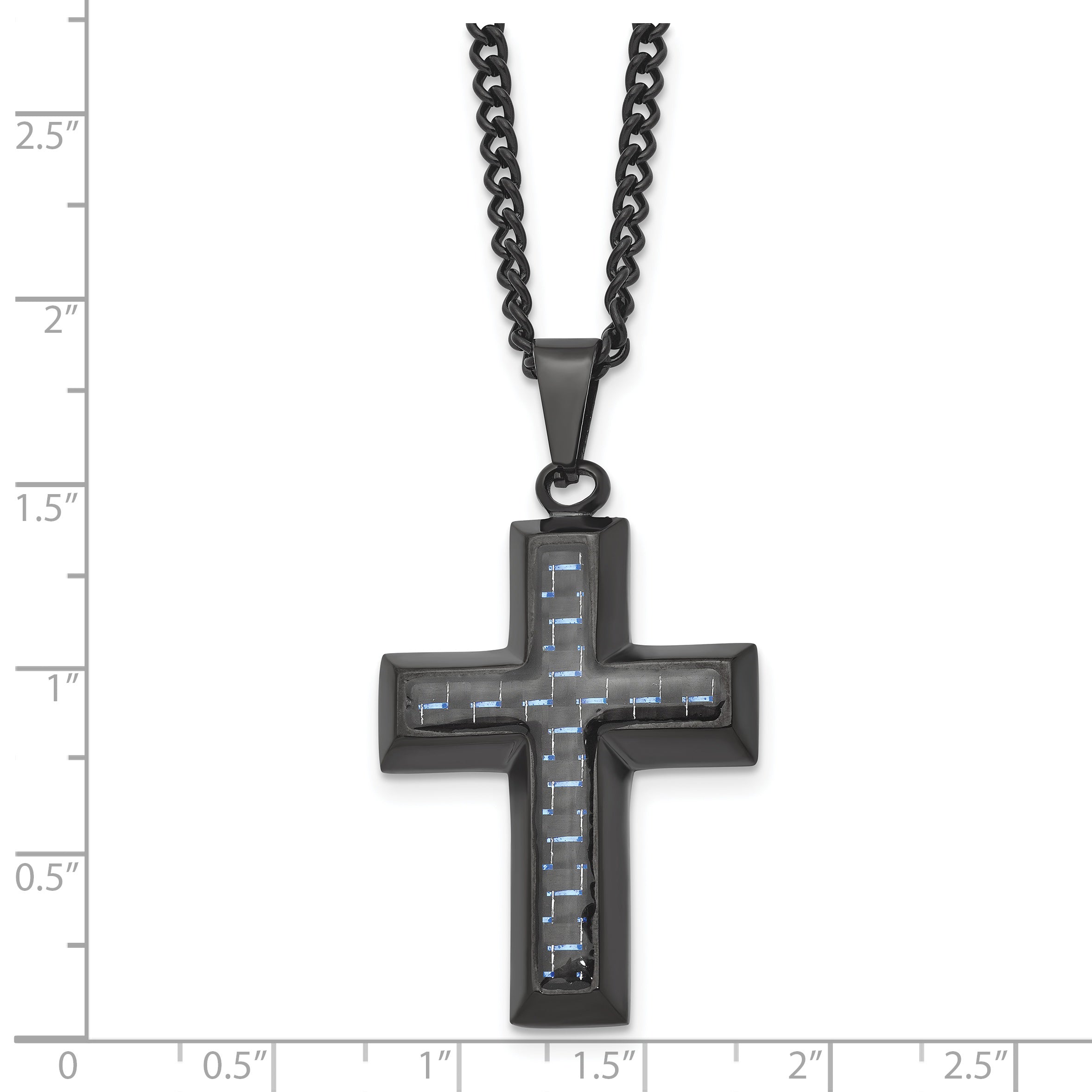 Chisel Stainless Steel Polished Black IP-plated with Blue Carbon Fiber Inlay Cross Pendant on a 24 inch Curb Chain Necklace