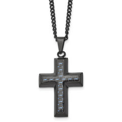 Chisel Stainless Steel Polished Black IP-plated with Blue Carbon Fiber Inlay Cross Pendant on a 24 inch Curb Chain Necklace