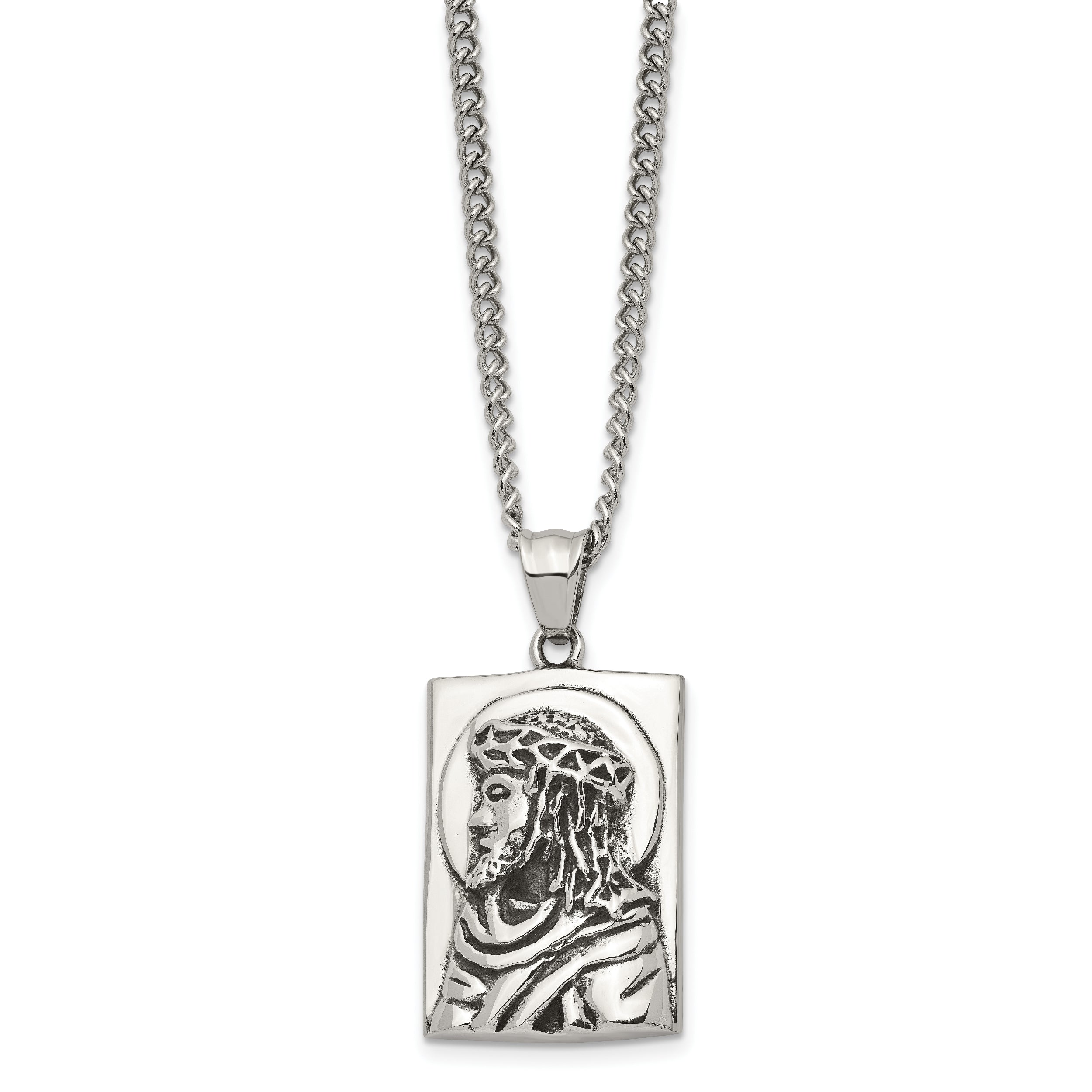 chisel Stainless Steel Antiqued and Polished Jesus Pendant on a 24 inch Curb Chain Necklace