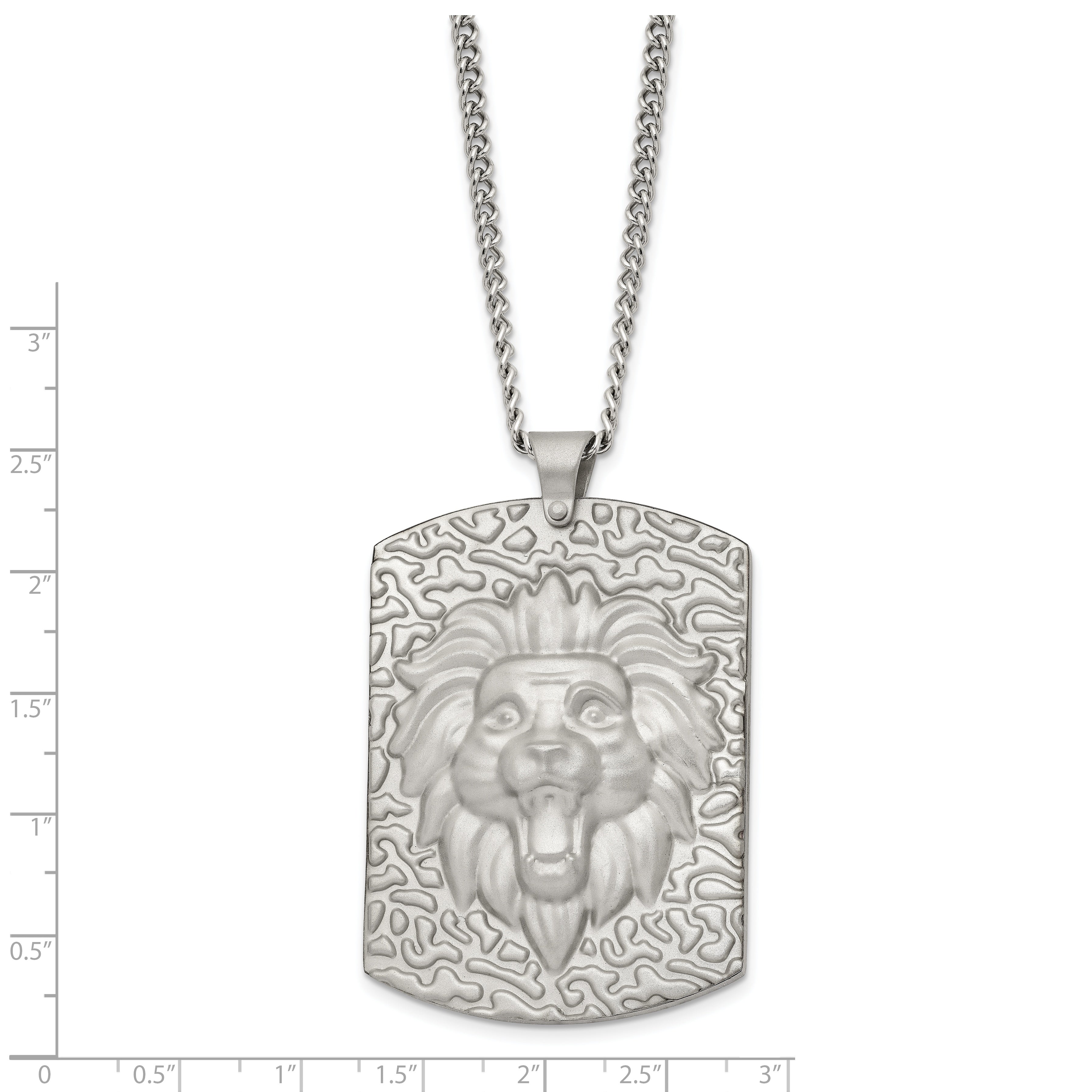 Stainless Steel Matte Finish Lion Head Large Dog Tag 24 inch Necklace