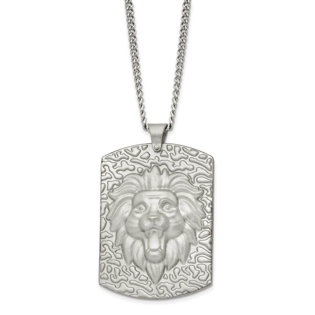 Stainless Steel Matte Finish Lion Head Large Dog Tag 24 inch Necklace