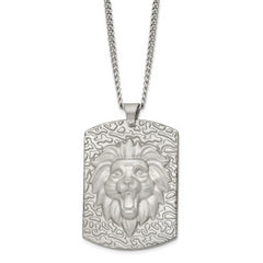 Stainless Steel Matte Finish Lion Head Large Dog Tag 24 inch Necklace