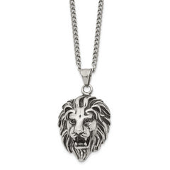 Chisel Stainless Steel Antiqued and Polished Small Lion Head Pendant on a 24 inch Curb Chain Necklace