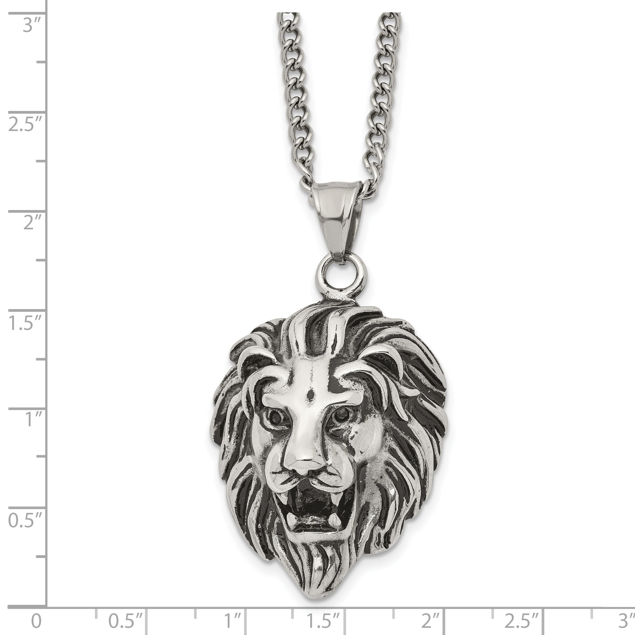 Chisel Stainless Steel Antiqued and Polished Small Lion Head Pendant on a 24 inch Curb Chain Necklace