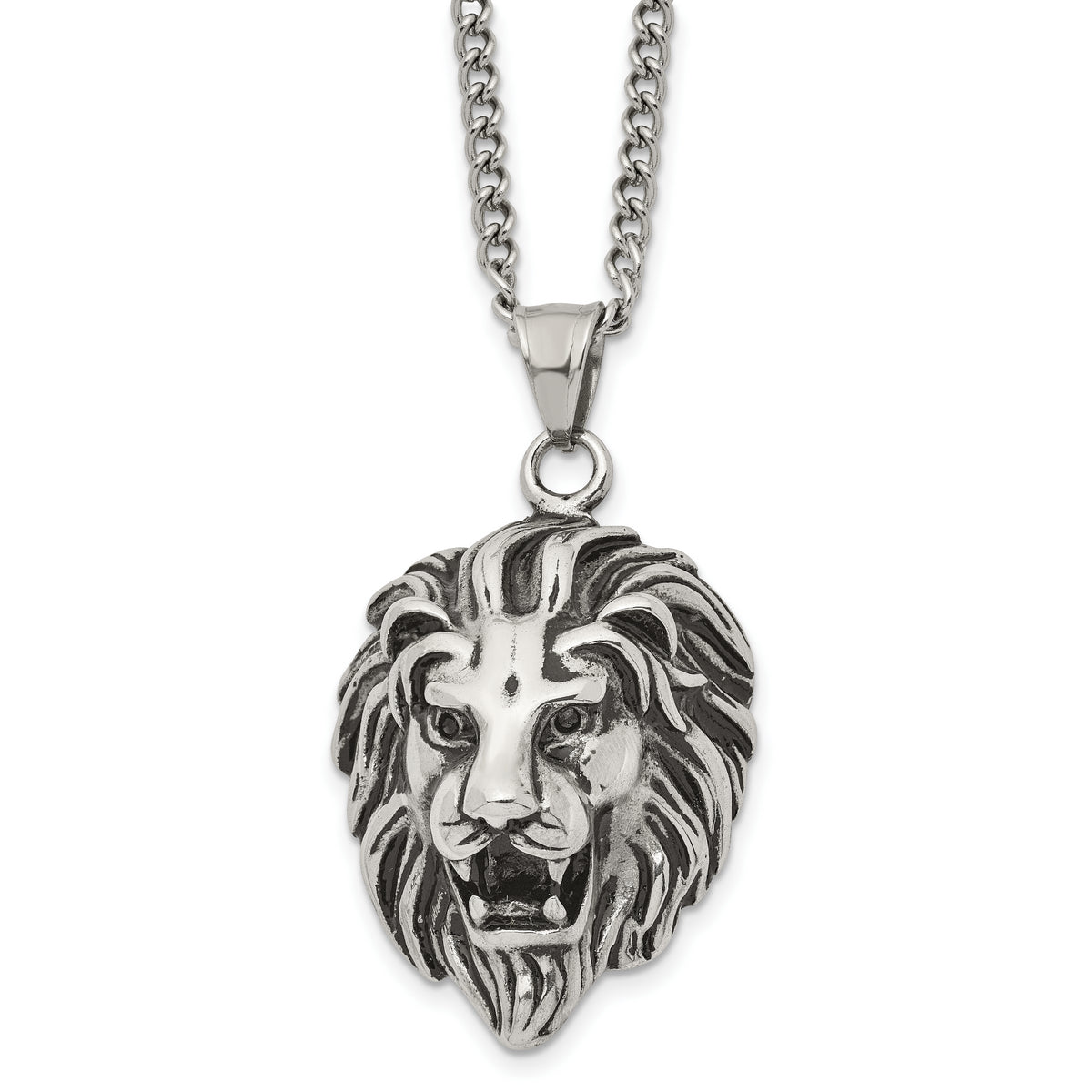 Chisel Stainless Steel Antiqued and Polished Small Lion Head Pendant on a 24 inch Curb Chain Necklace