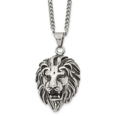 Chisel Stainless Steel Antiqued and Polished Small Lion Head Pendant on a 24 inch Curb Chain Necklace