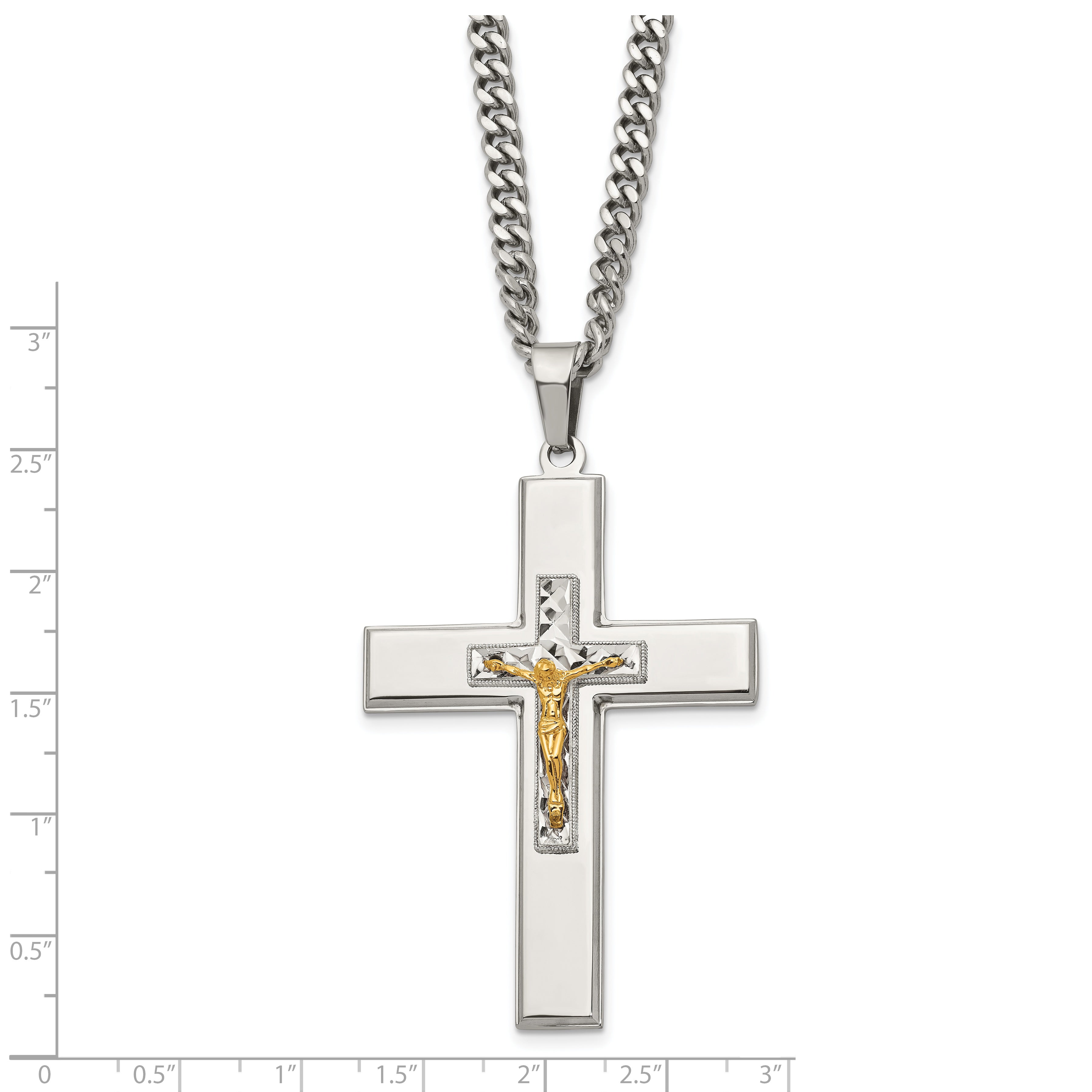 Chisel Stainless Steel Polished Yellow IP-plated Crucifix Pendant on a 24 inch Curb Chain Necklace