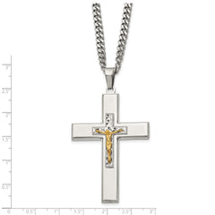 Chisel Stainless Steel Polished Yellow IP-plated Crucifix Pendant on a 24 inch Curb Chain Necklace