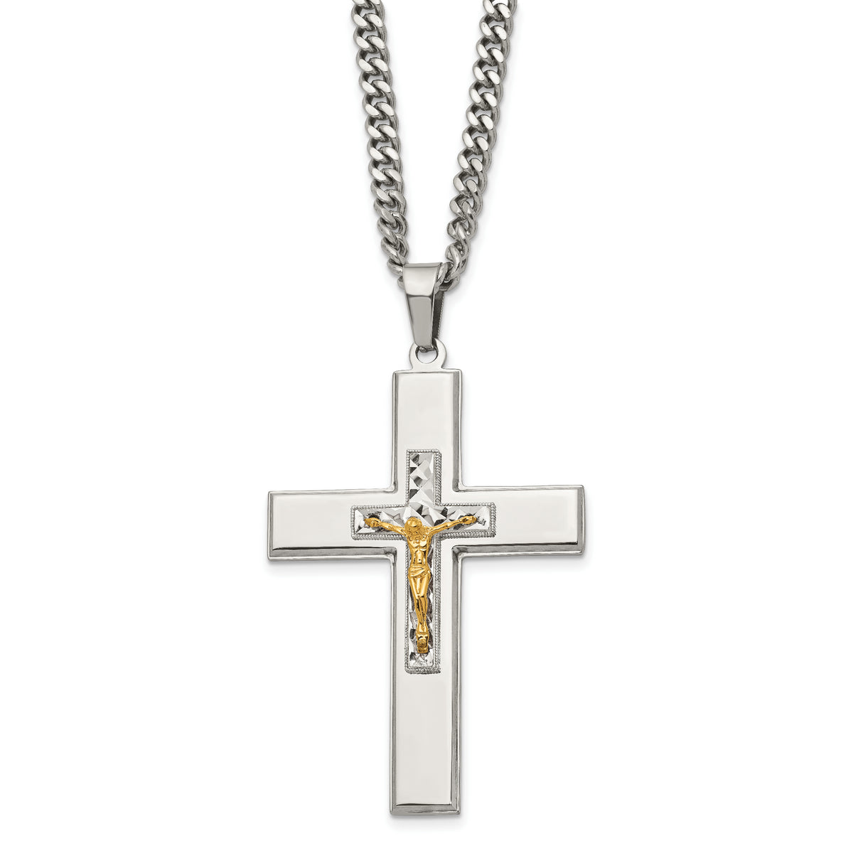 Chisel Stainless Steel Polished Yellow IP-plated Crucifix Pendant on a 24 inch Curb Chain Necklace