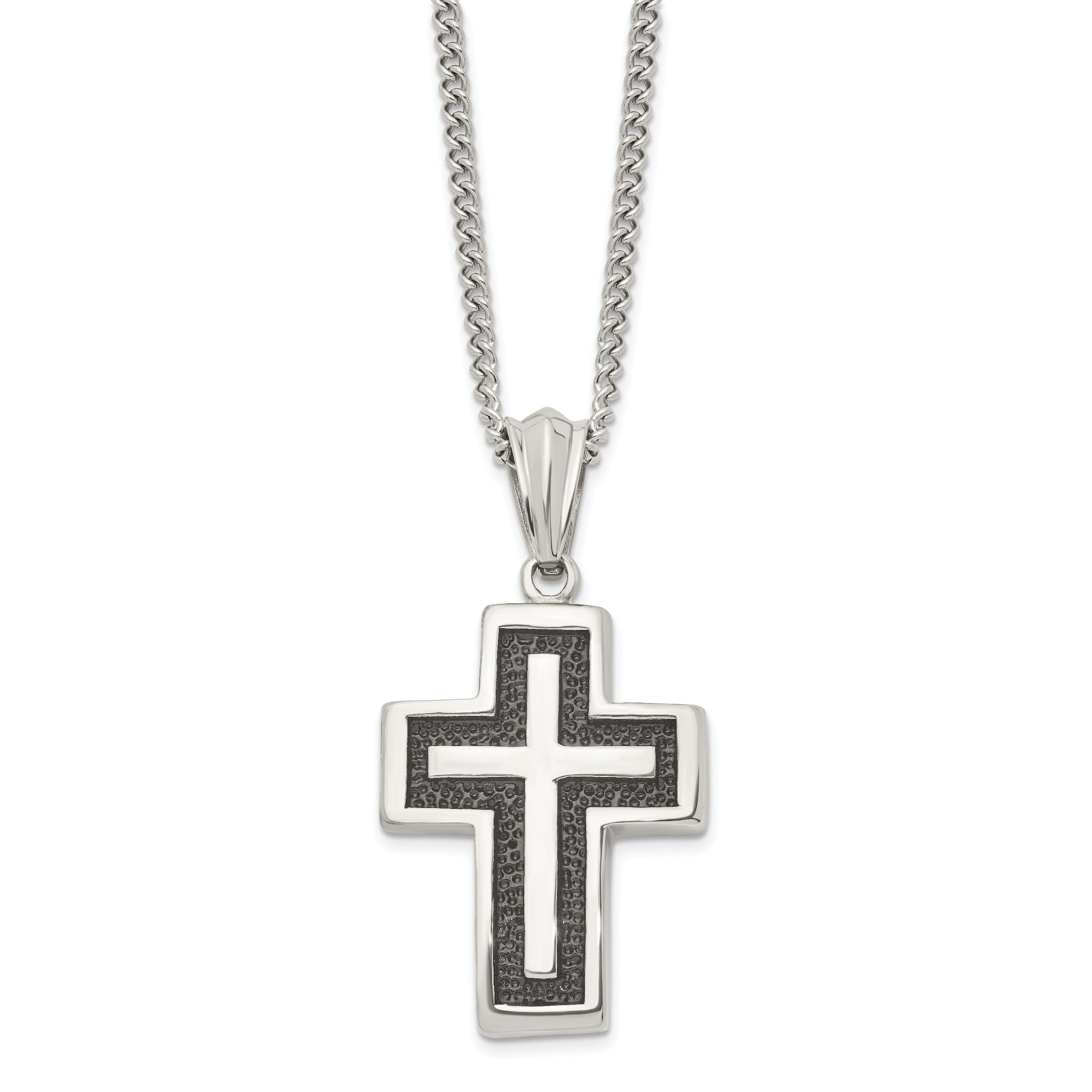 Chisel Stainless Steel Antiqued Polished and Textured Cross Pendant on a 24 inch Curb Chain Necklace