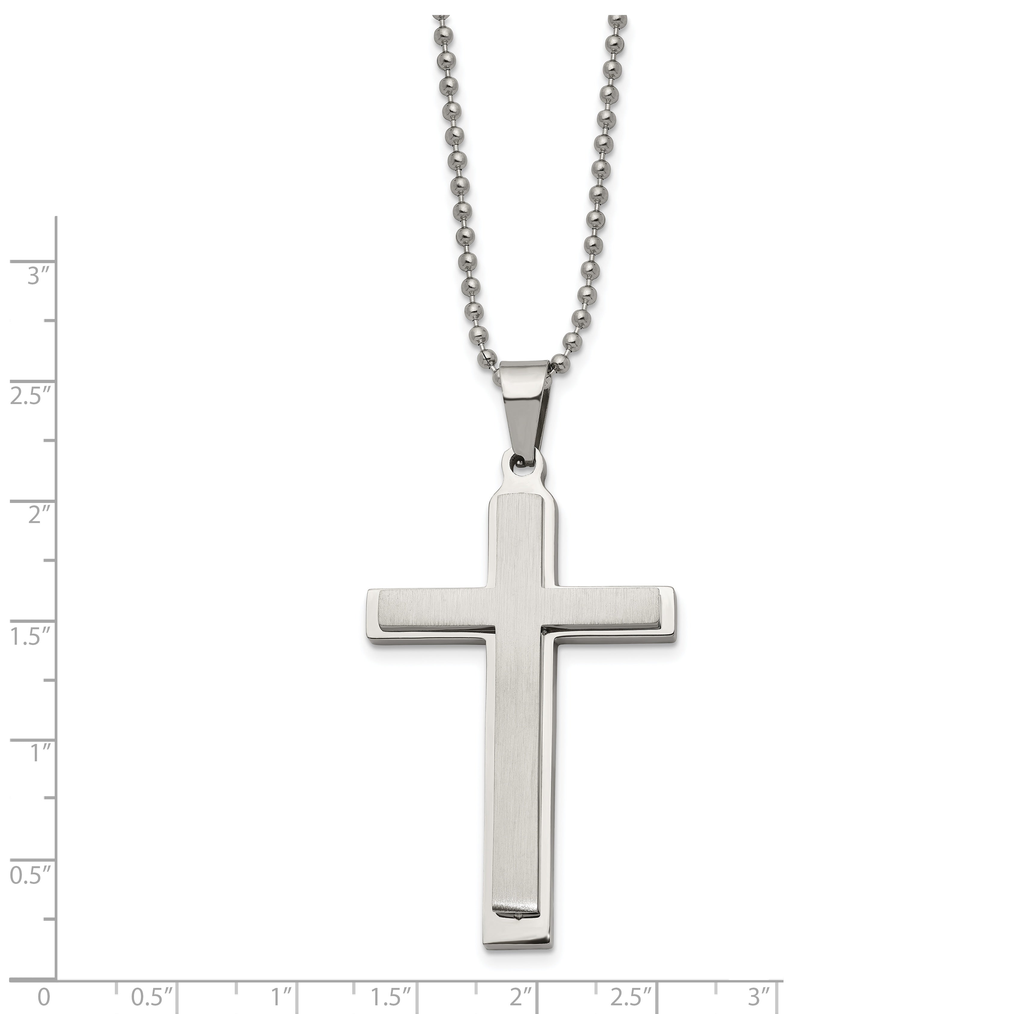 Chisel Stainless Steel Brushed and Polished Layered Cross Pendant on a 22 inch Ball Chain Necklace